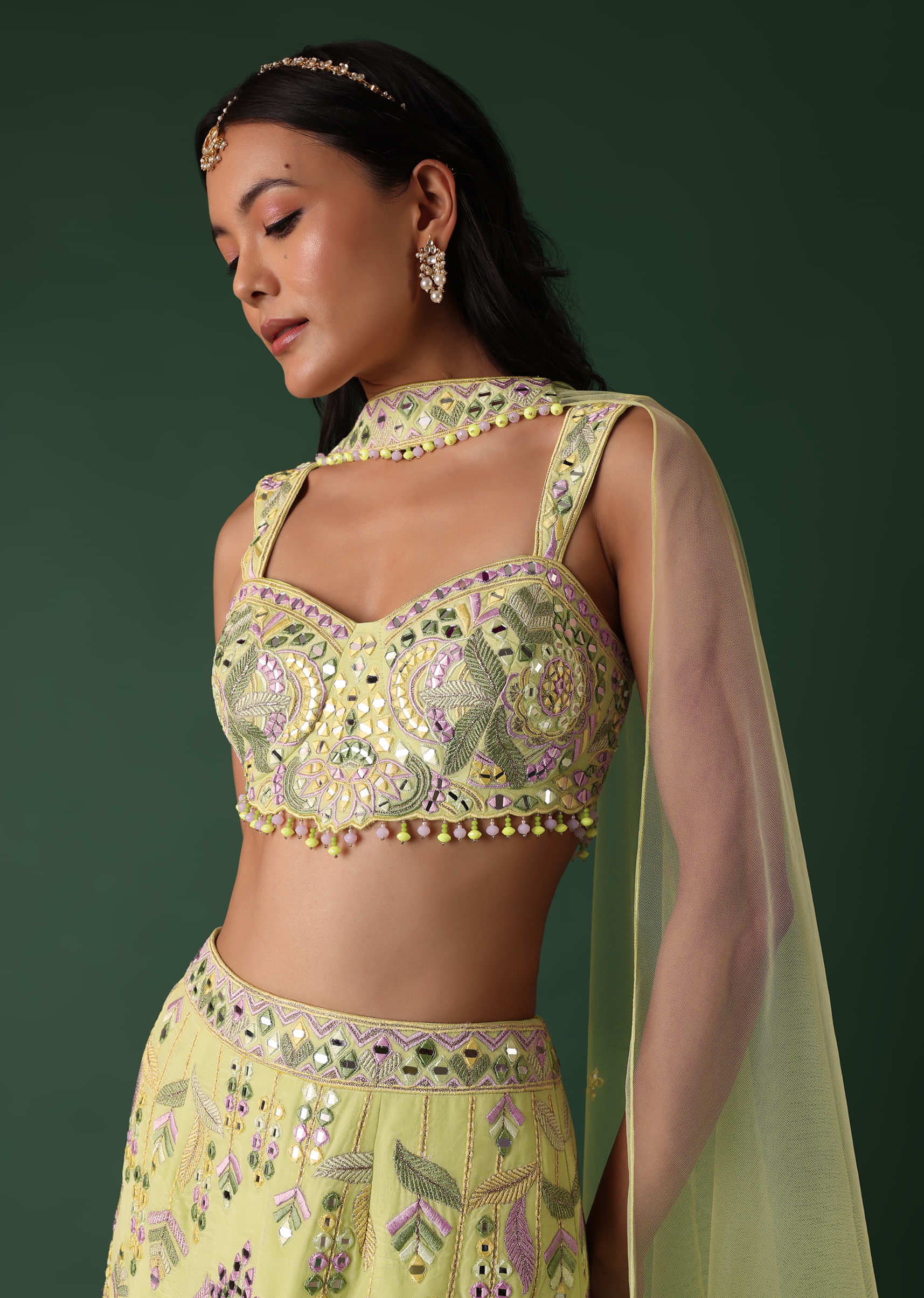 Citrus Green Embroidered Blouse And Skirt Set With Choker Dupatta