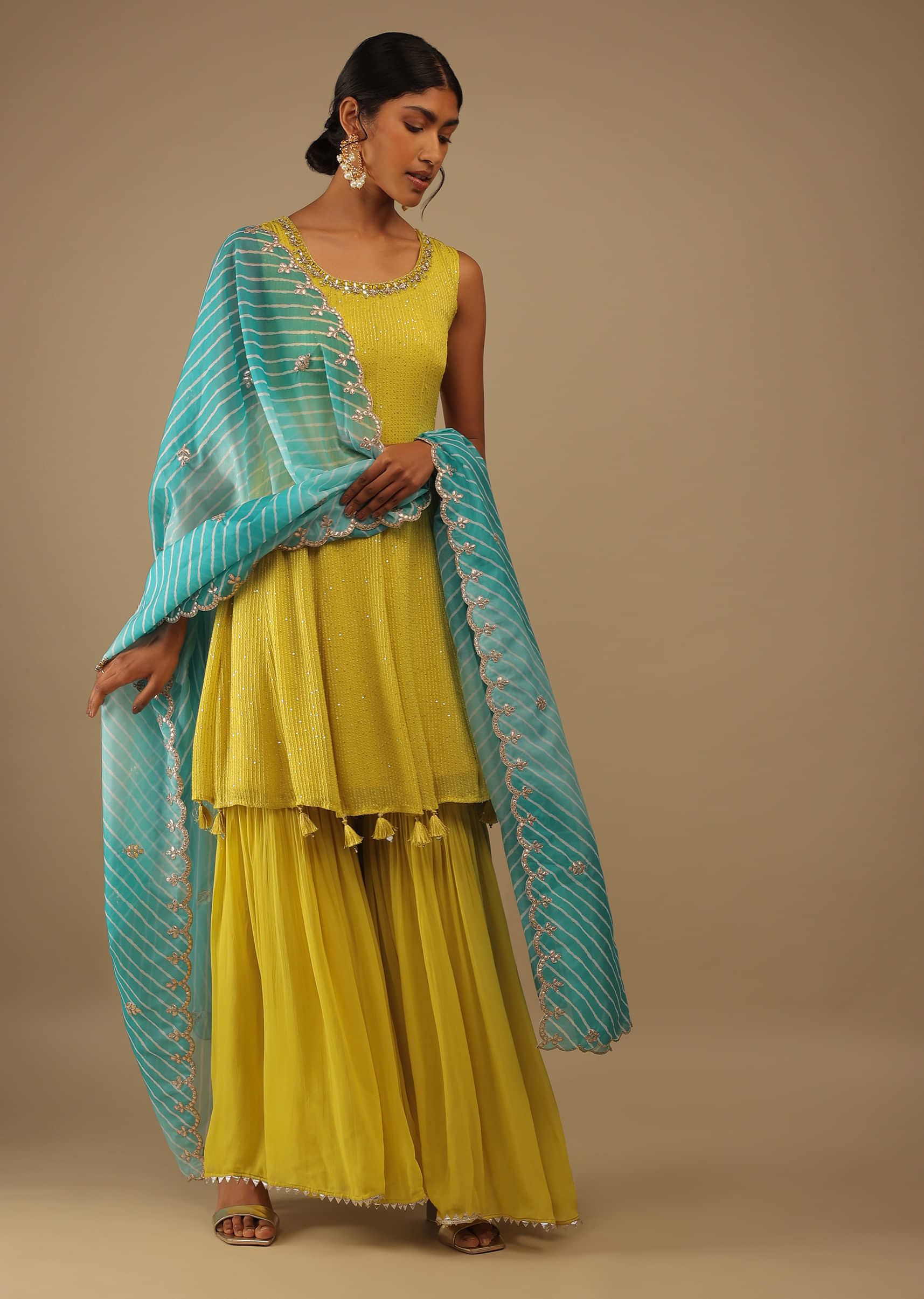 Citrus Green Sharara Pants And Kurta In Sleeveless, Kurta Crafted In Net With Resham And Sequins Embroidery