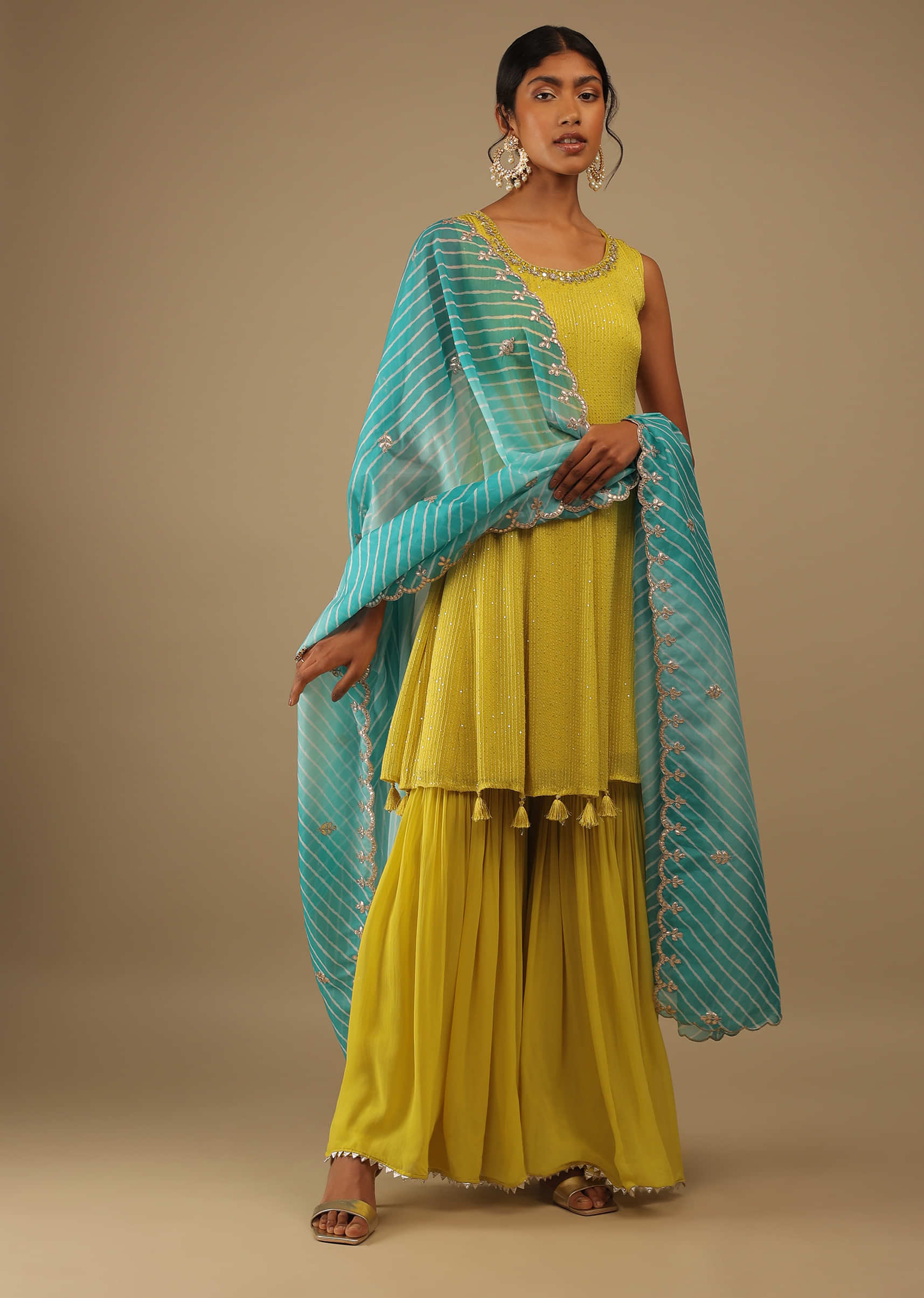 Citrus Green Sharara Pants And Kurta In Sleeveless, Kurta Crafted In Net With Resham And Sequins Embroidery