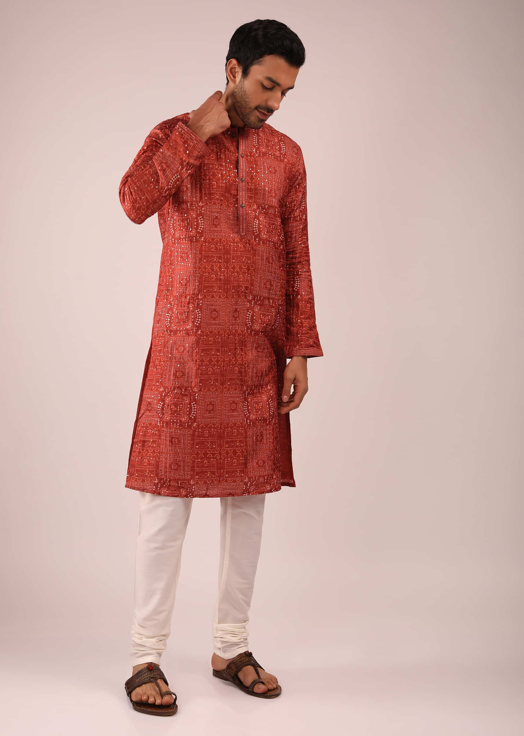 Clay Red Kurta Set In Silk With Batik Dyed Warli Print And Sequin Accents