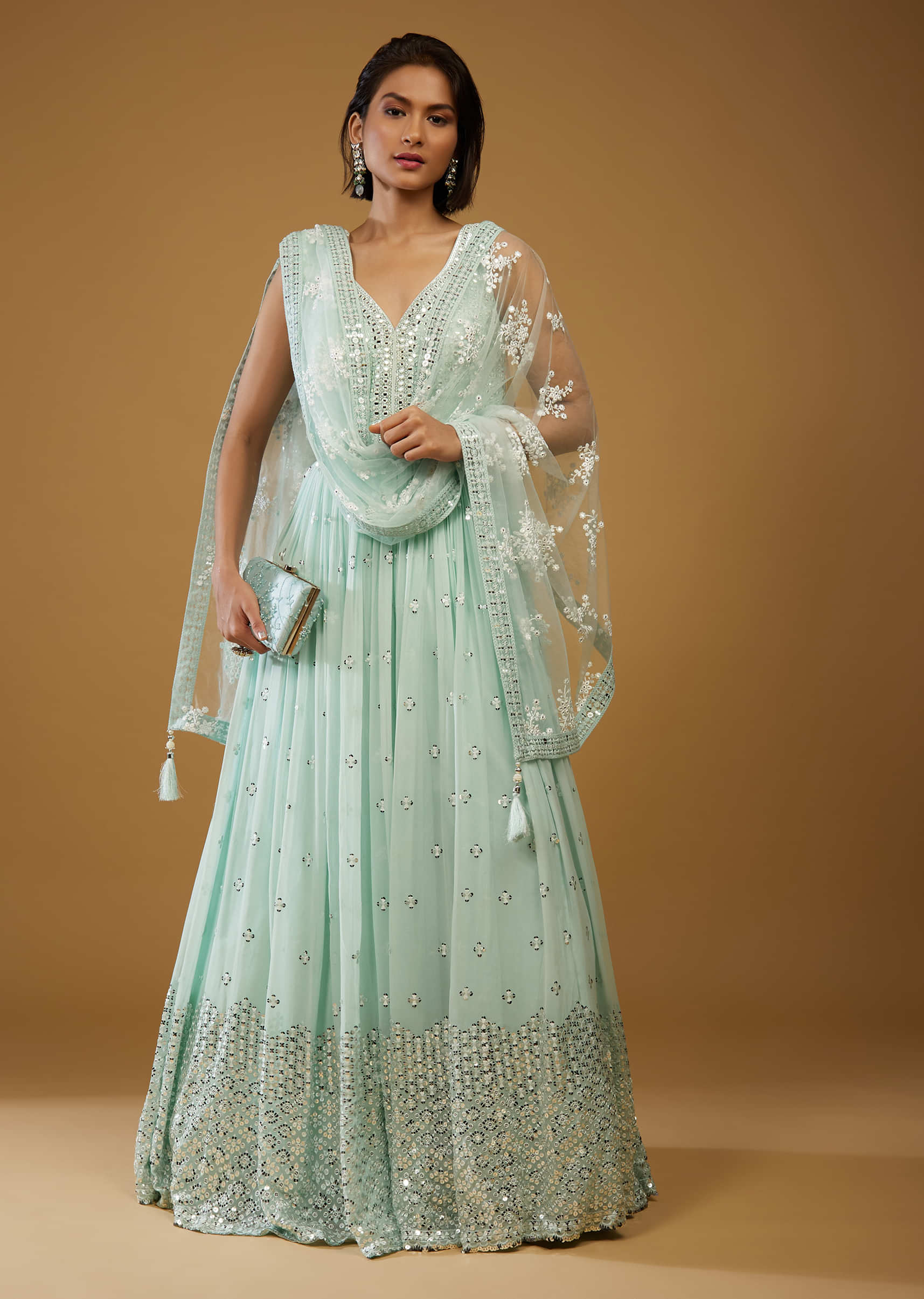 Powder Blue Anarkali Suit With Mirror Embroidery