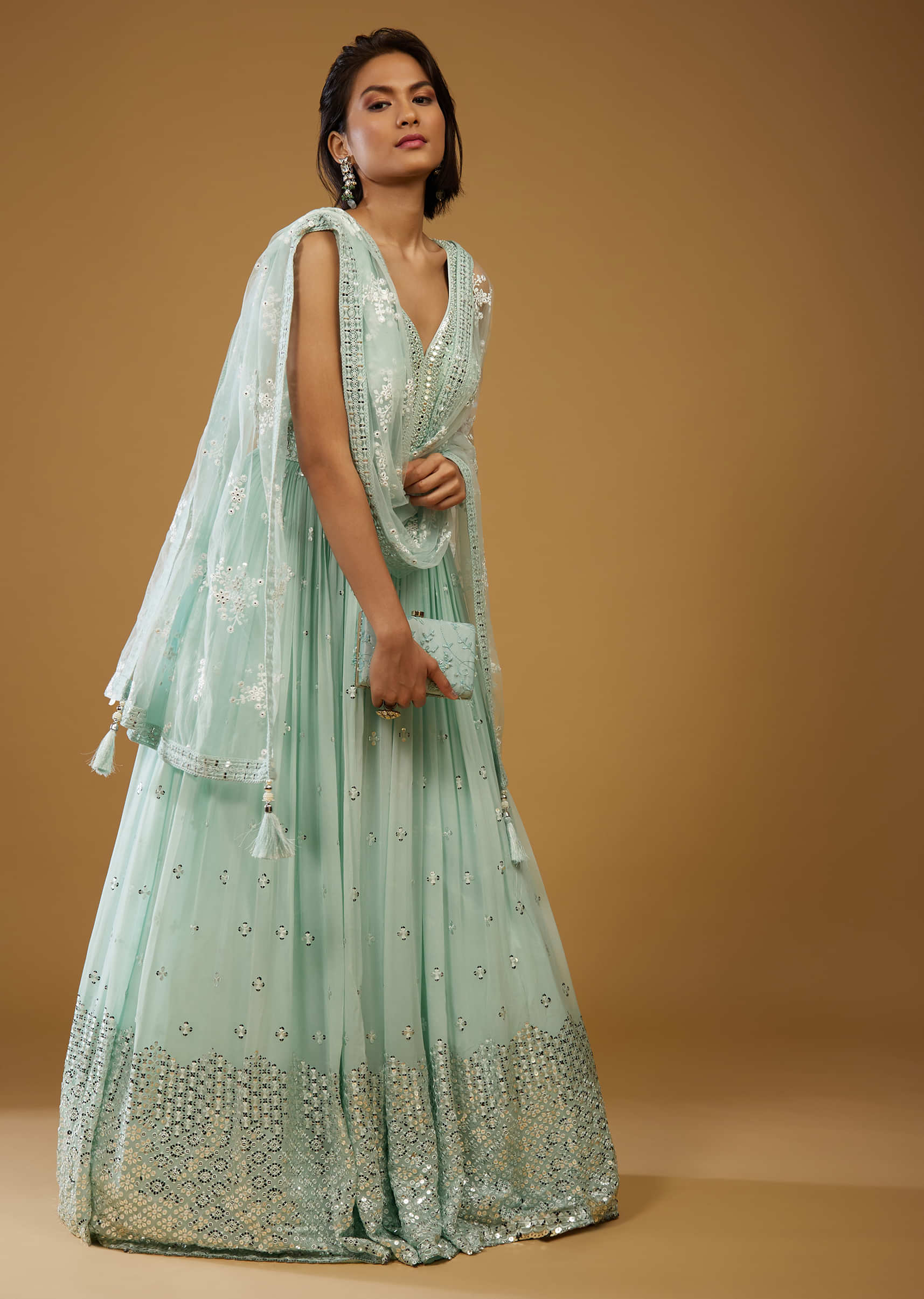 Powder Blue Anarkali Suit With Mirror Embroidery