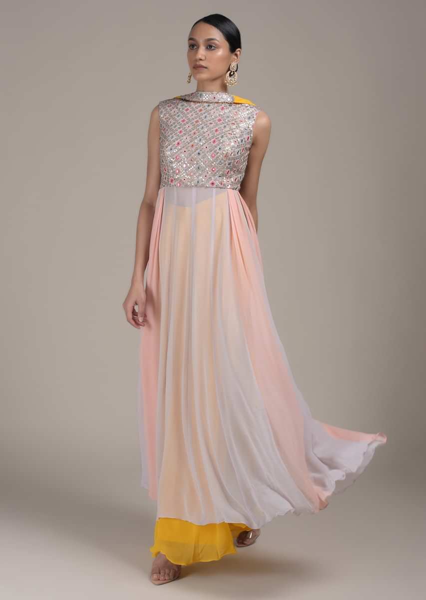 Cloud Grey A Line Suit With Shaded Peach Effect And Abla Embroidery  