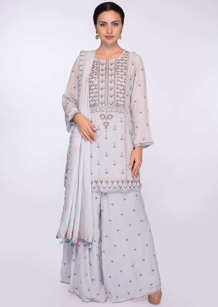 Cloud grey cotton suit set in resham and zari floral embroidery and butti 