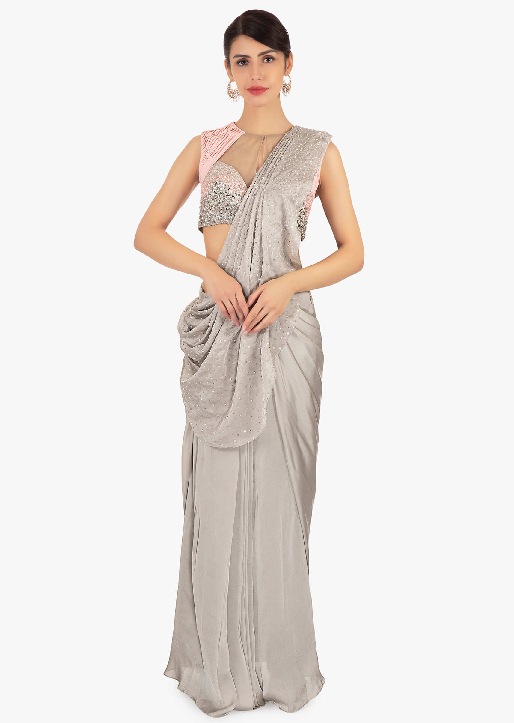 Cloud grey crepe pre stitched saree with ready pleats and pallo 