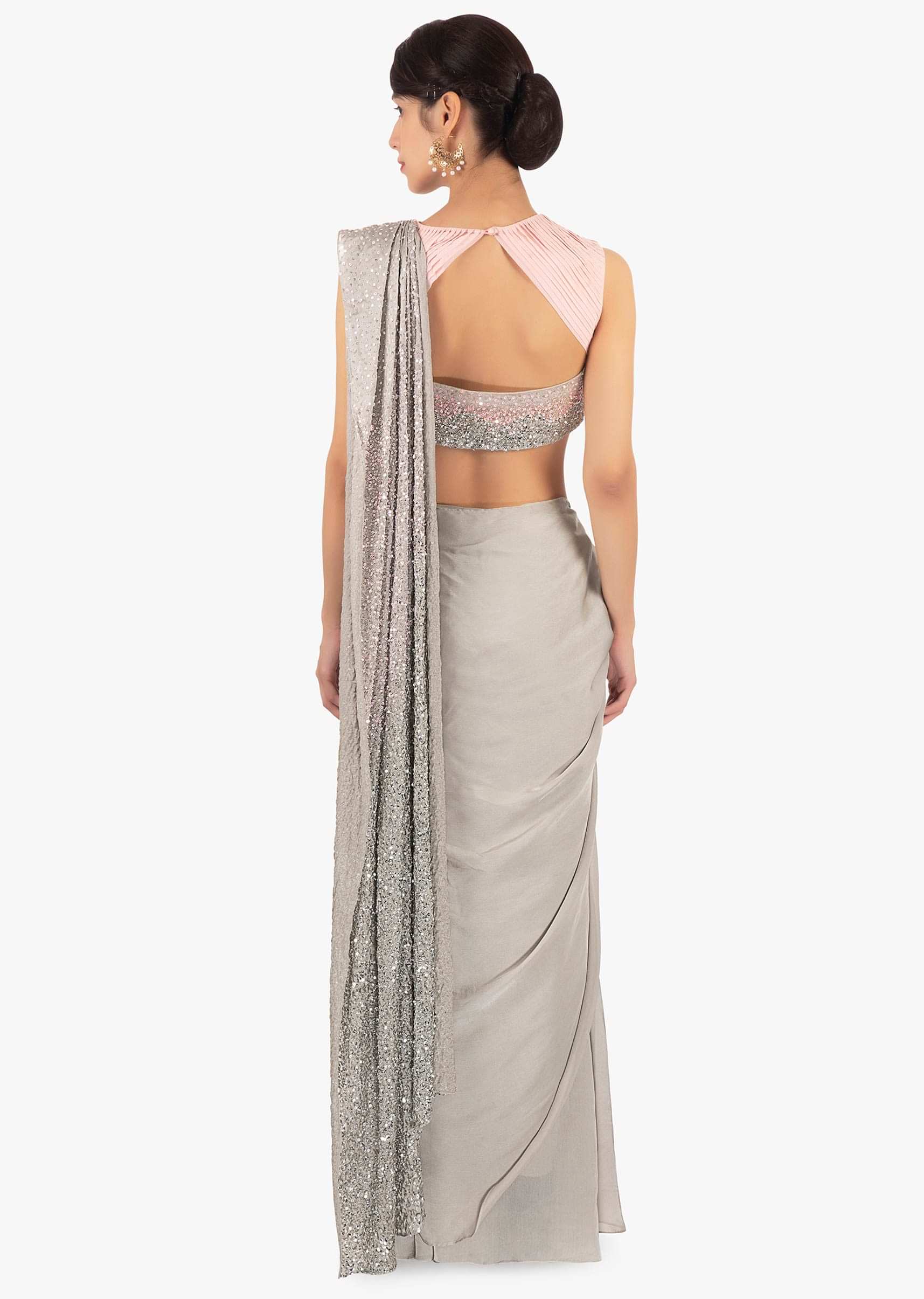 Cloud grey crepe pre stitched saree with ready pleats and pallo 
