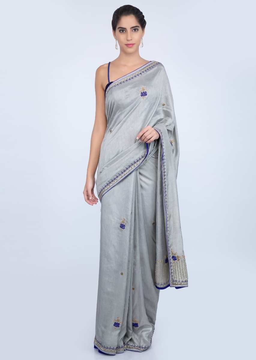 Cloud Grey Saree In Dupion Silk With Embroidered Butti And Border Online - Kalki Fashion