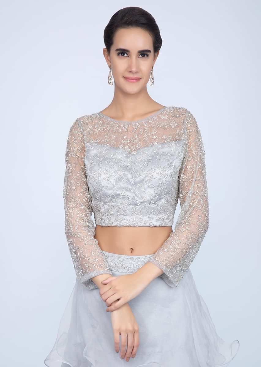 Cloud Grey Blouse In Embroidered Net With Ruffled Lehenga And Dupatta Online - Kalki Fashion