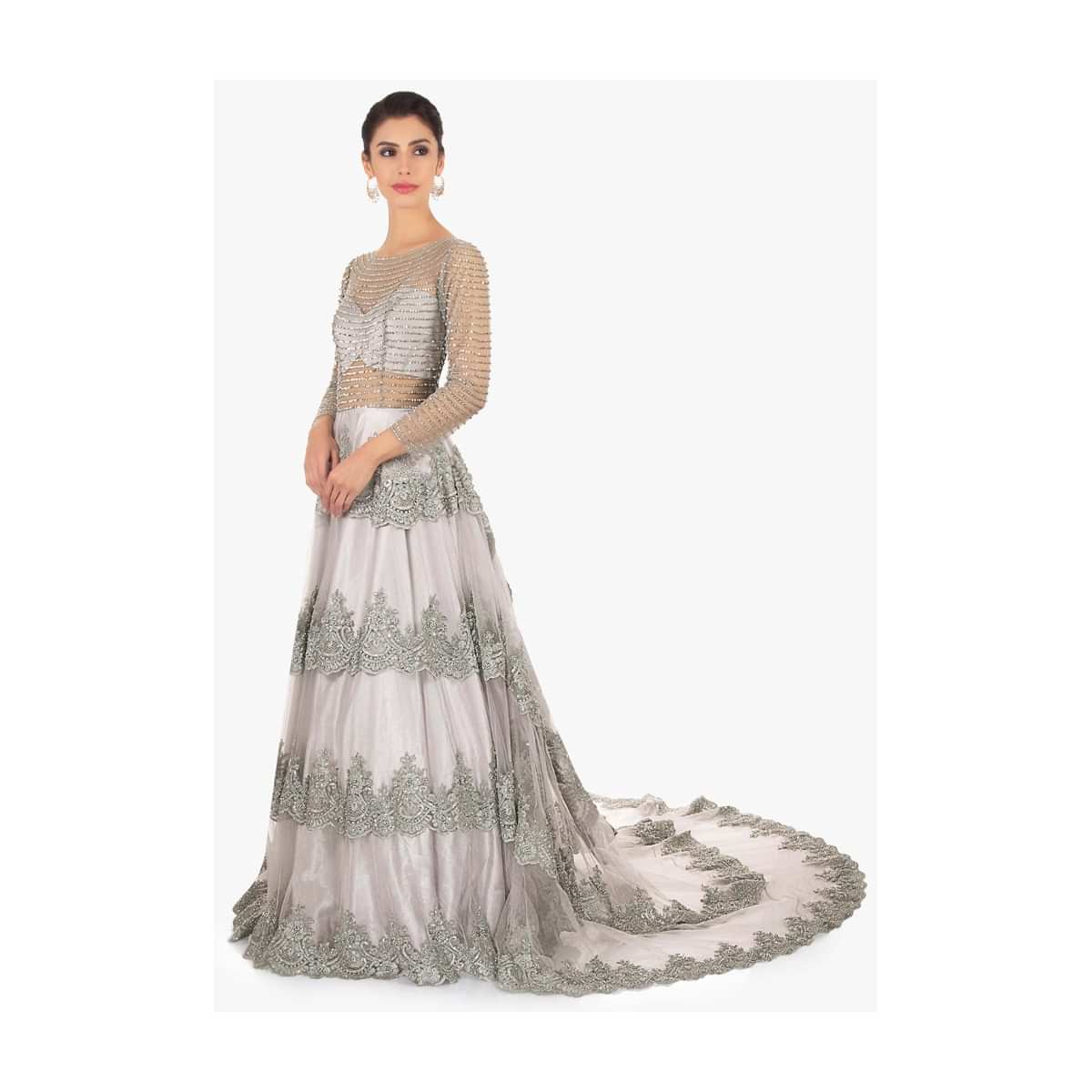 Cloud grey embroidered net gown only on Kalki