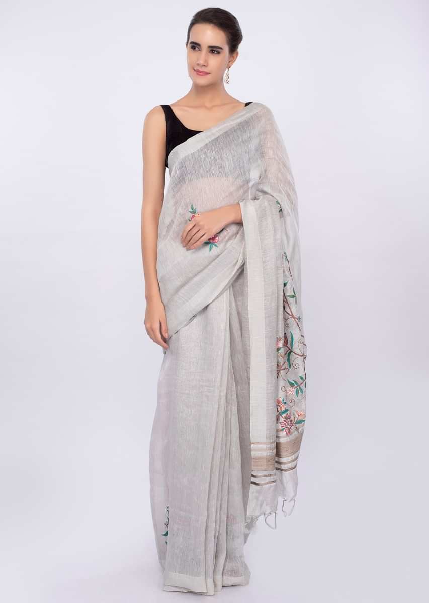 Cloud Grey Saree In Linen With Floral Embroidery And Butti Online - Kalki Fashion