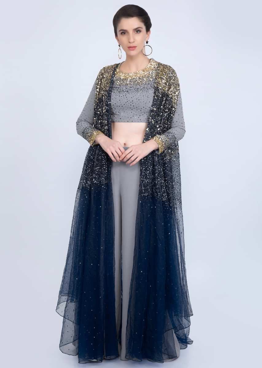 Cloud Grey Palazzo And Crop Top Paired With An Indigo Blue Net Jacket In Two Shade Embroidered Work Online - Kalki Fashion