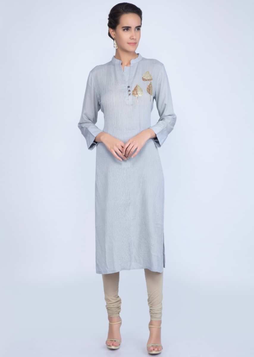 Cloud Grey Kurti With Pin Tucks And Leaf Butti Online - Kalki Fashion