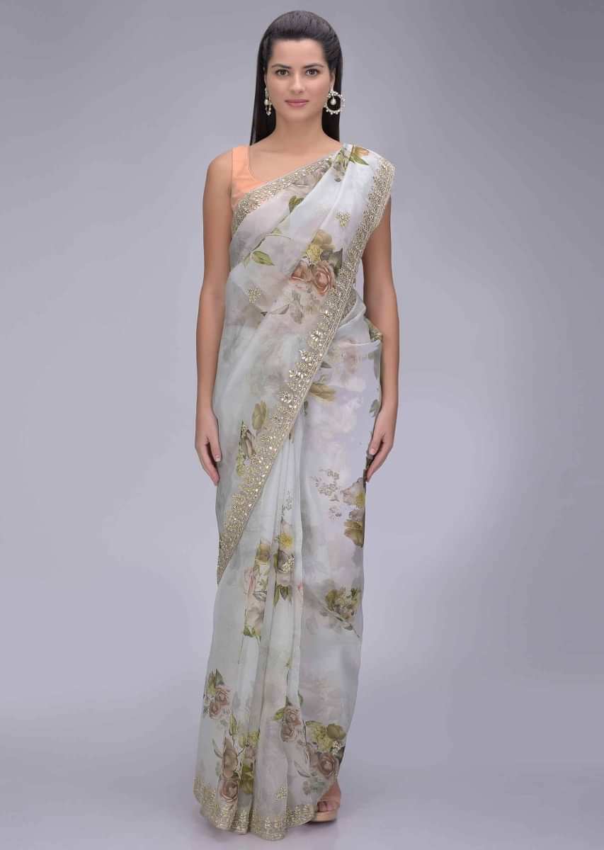 Buy Cloud Grey Organza Saree With Floral Print And Embellished Border ...