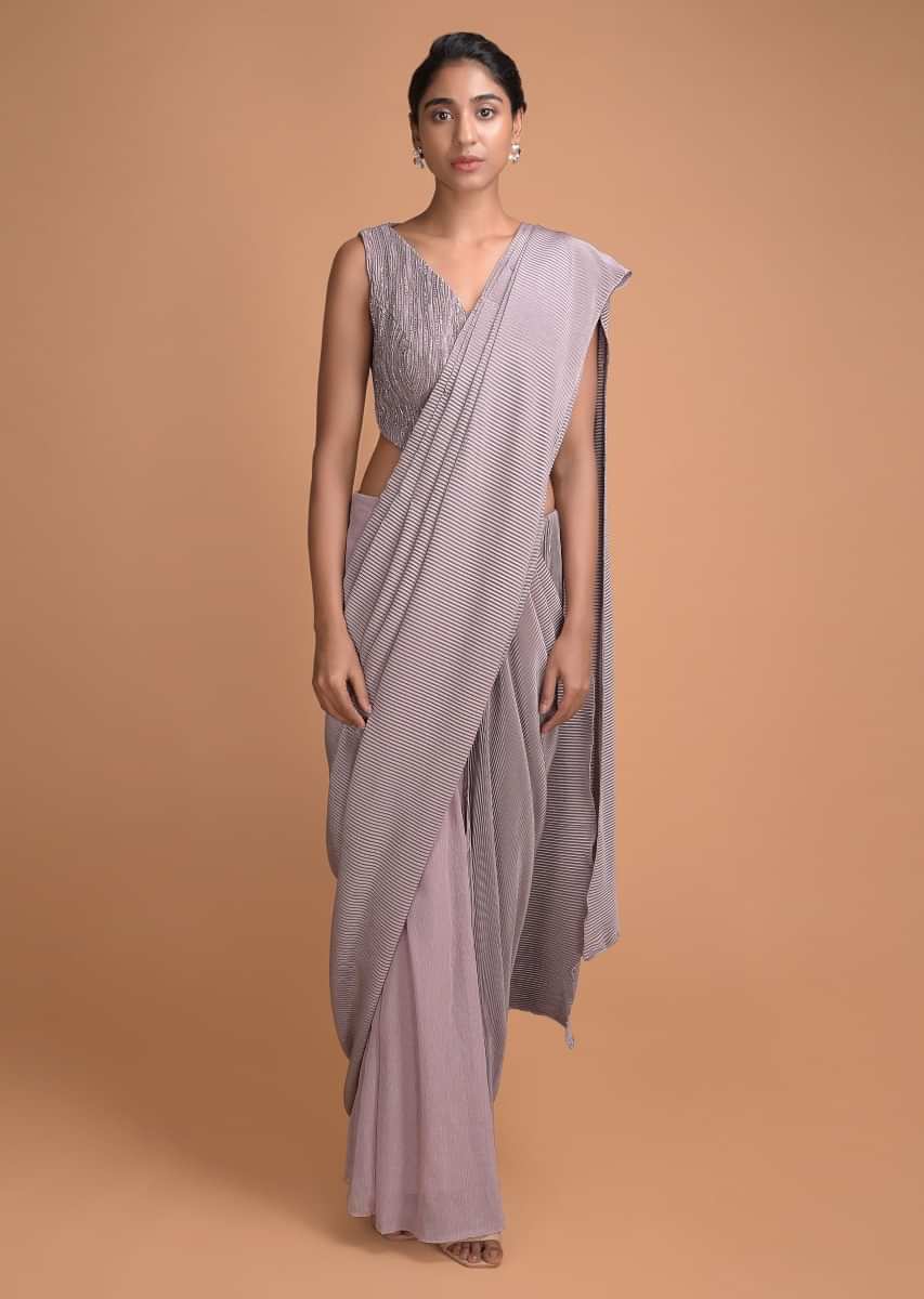 Buy Dusty Pink Ready Pleated Saree In Shimmer Fabric With Embellished Blouse Online Kalki Fashion 