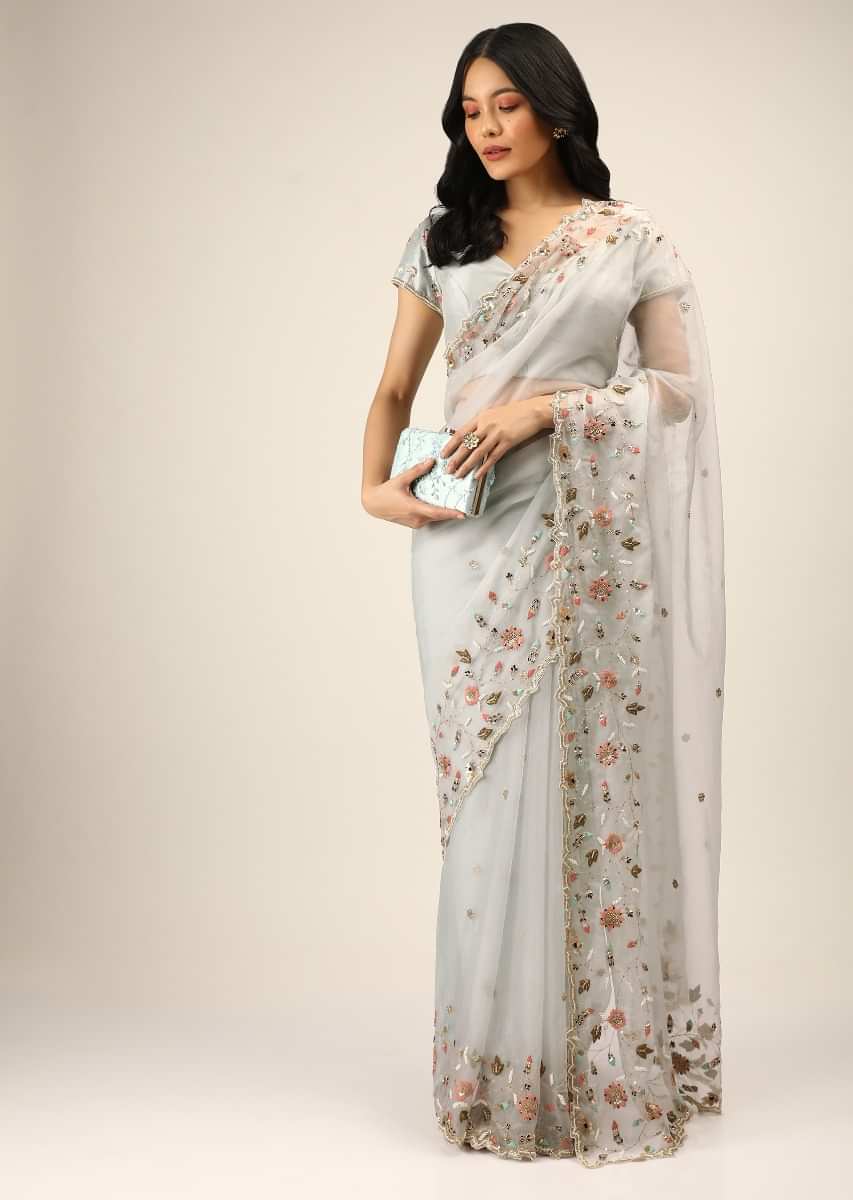 Cloud Grey Saree In Organza With Colorful Resham And Sequins Embroidered Floral Motifs Along The Border  