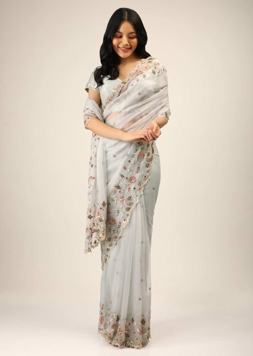 Cloud Grey Saree In Organza With Colorful Resham And Sequins Embroidered Floral Motifs Along The Border  