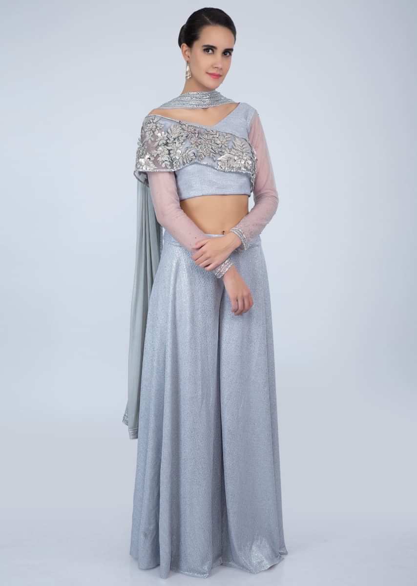 Cloud grey shimmer lycra fancy crop top-with flared palazzo and ready pleated dupatta only on Kalki