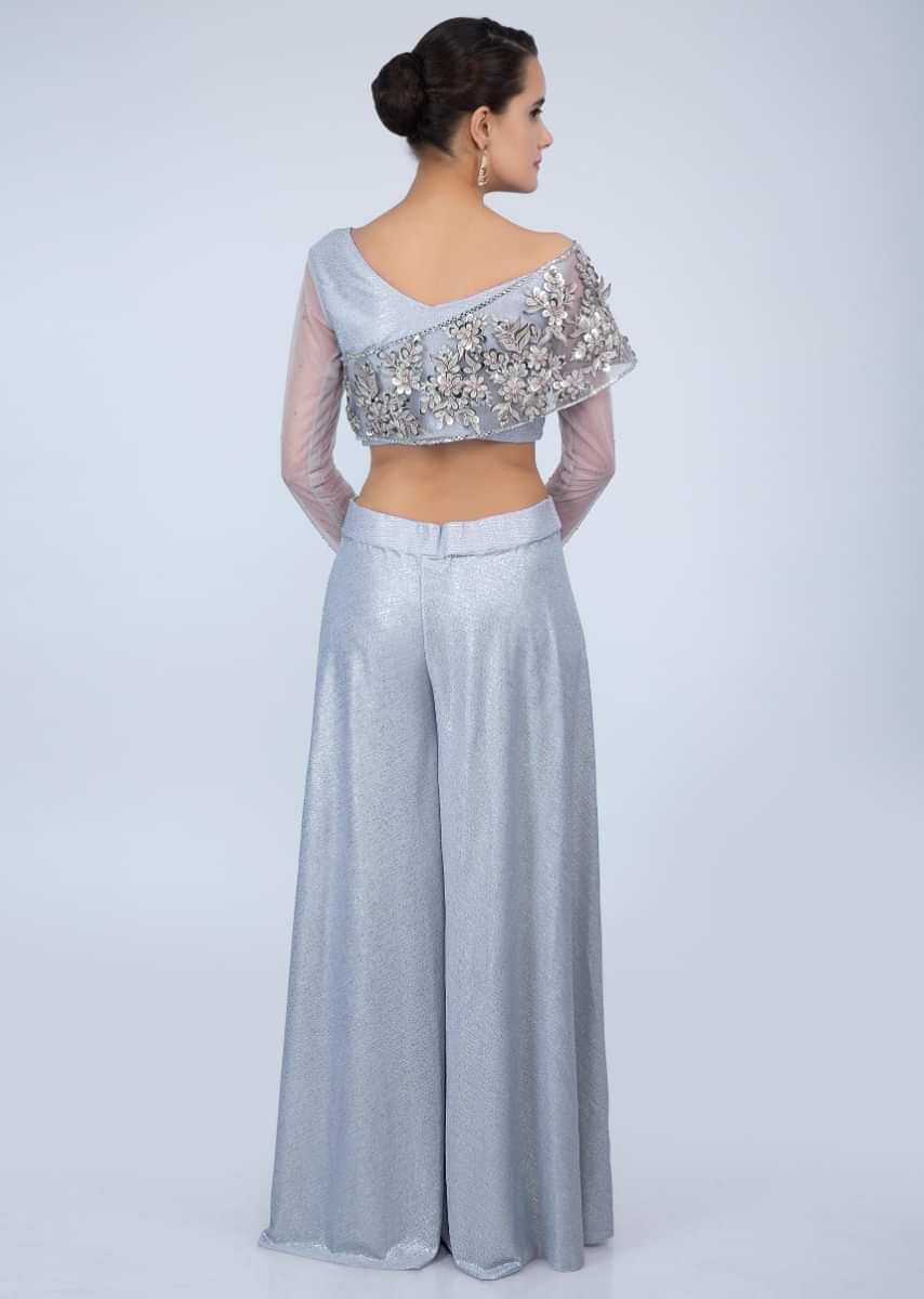 Cloud grey shimmer lycra fancy crop top-with flared palazzo and ready pleated dupatta only on Kalki