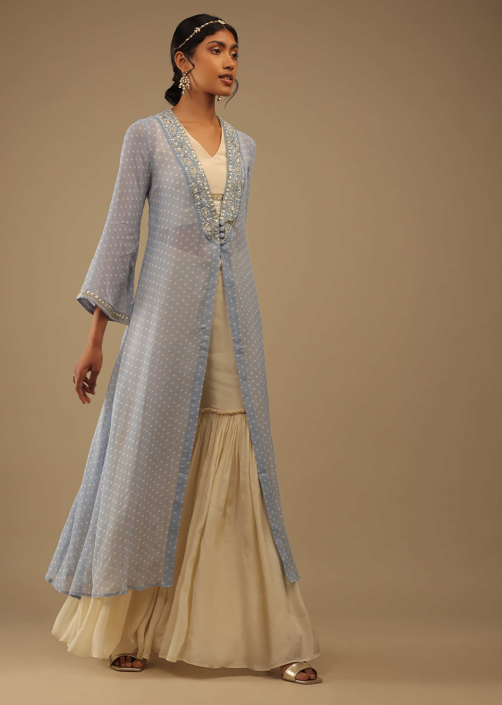 Cloud Cream Sharara Pants And A Crop Top In Cut Dana Embroidery Topped With A Bandhani Jacket, Crop Top Comes In Sleeveless With  A V Neckline