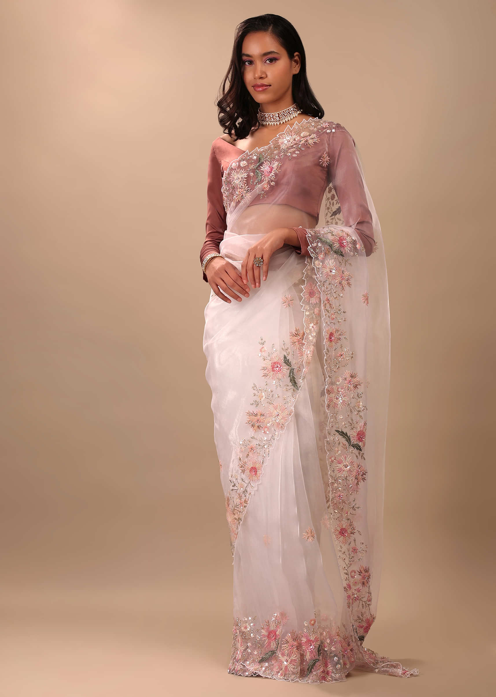 Pearl White Saree In Organza With Floral Print Along With Sequins And  Pearls In Gradient Floral Pattern Online - Kalki Fashion | Designer saree  blouse patterns, Saree look, Saree models