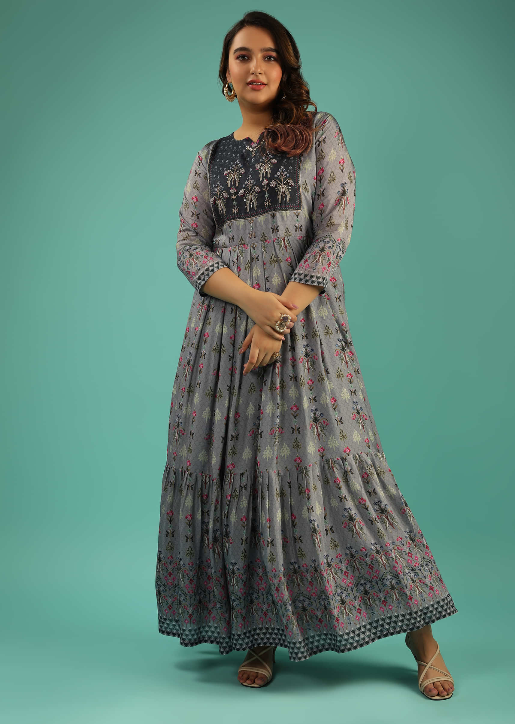 Cloud Grey Cotton Silk Tunic With Printed Floral And Bird Motifs Along With Embroidered Bodice