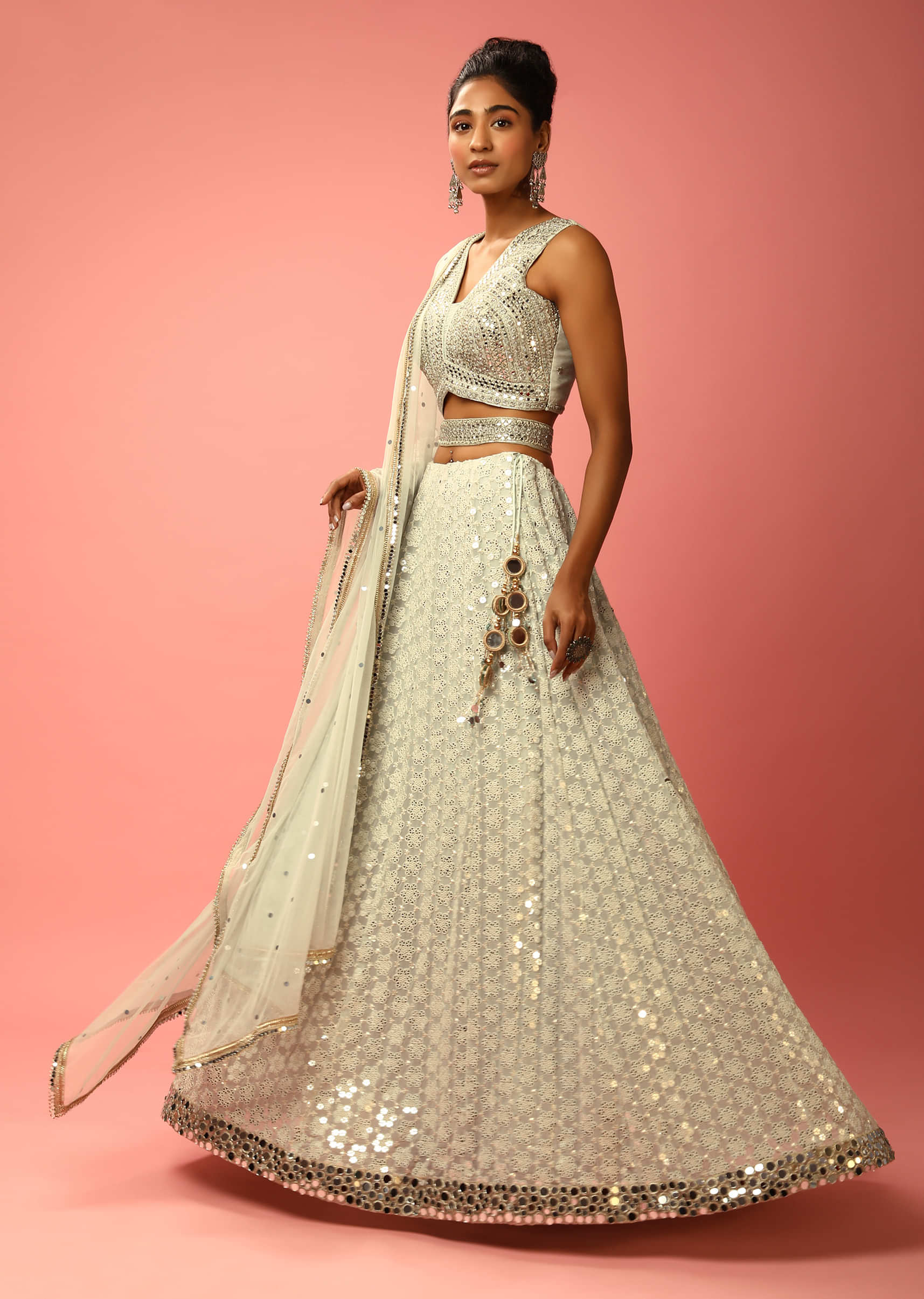 Cloud Grey Lehenga Choli In Georgette With Sequins Embroidered Jaal And Mirror Border 