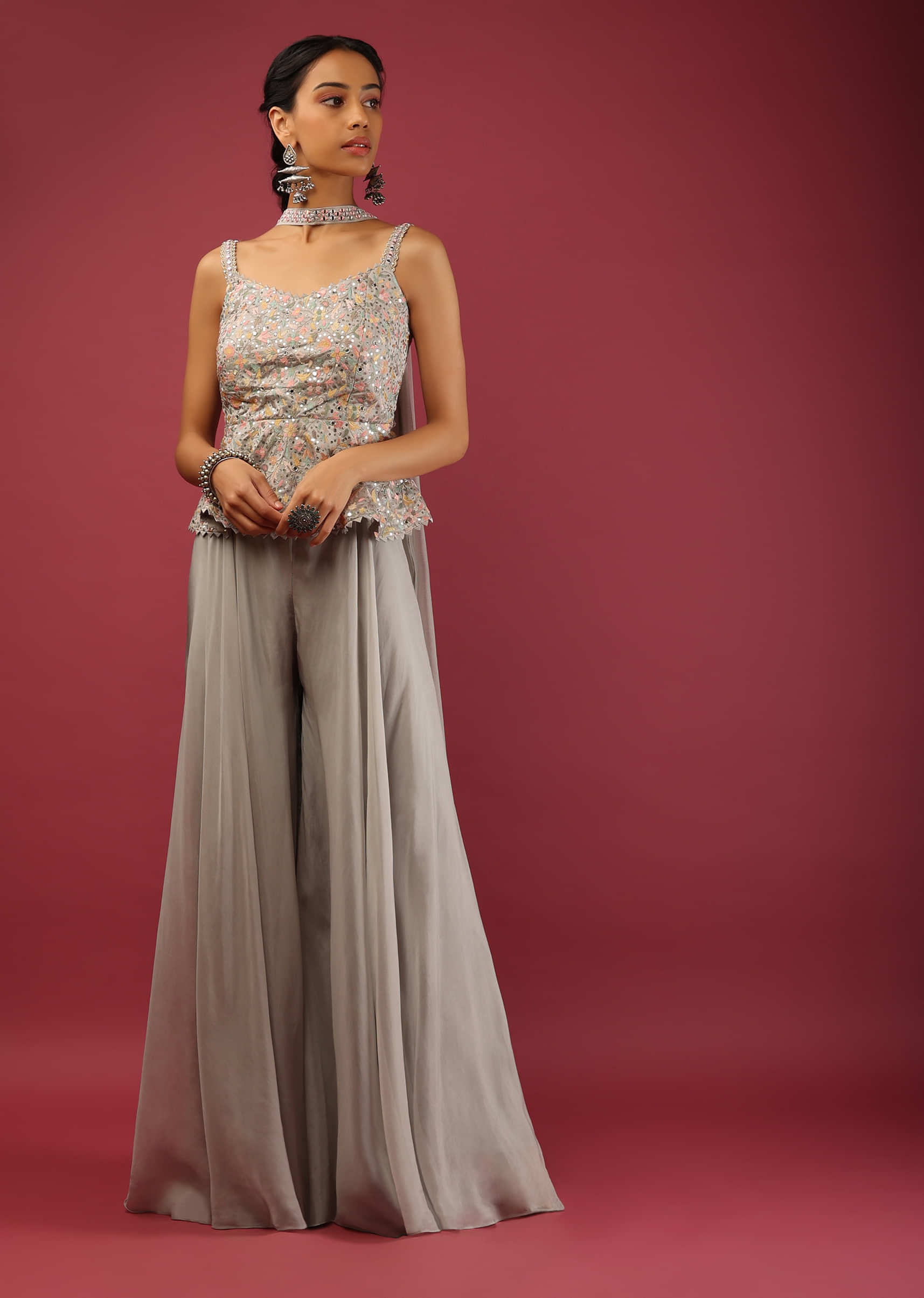 Cloud Grey Palazzo And Peplum Crop Top Suit With Multi Colored Resham And Mirror Embroidered Floral Jaal  