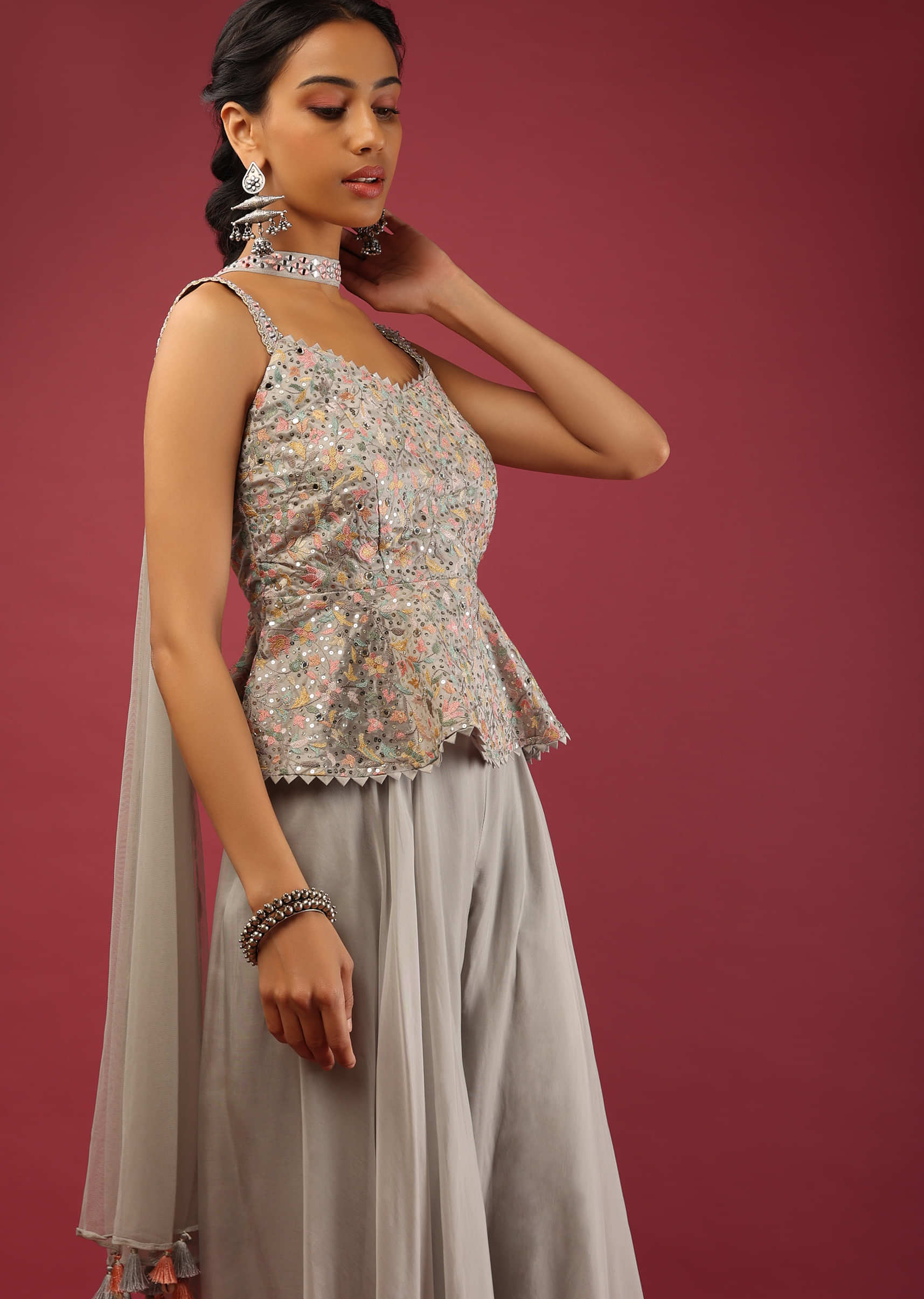 Cloud Grey Palazzo And Peplum Crop Top Suit With Multi Colored Resham And Mirror Embroidered Floral Jaal  