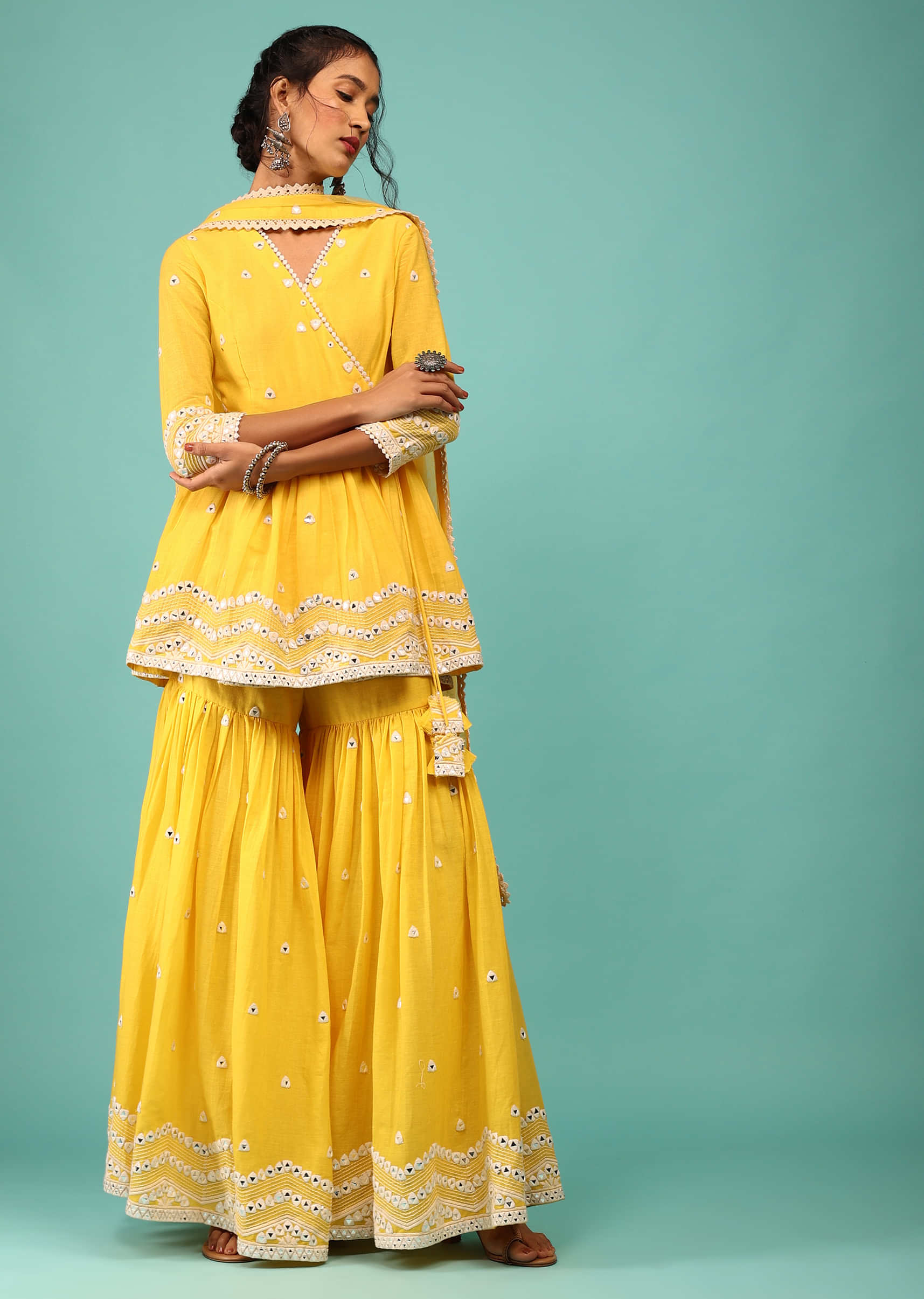 Bright Yellow Sharara Suit In Cotton With Lucknowi Geometric Embroidery & Angarakha Peplum Top