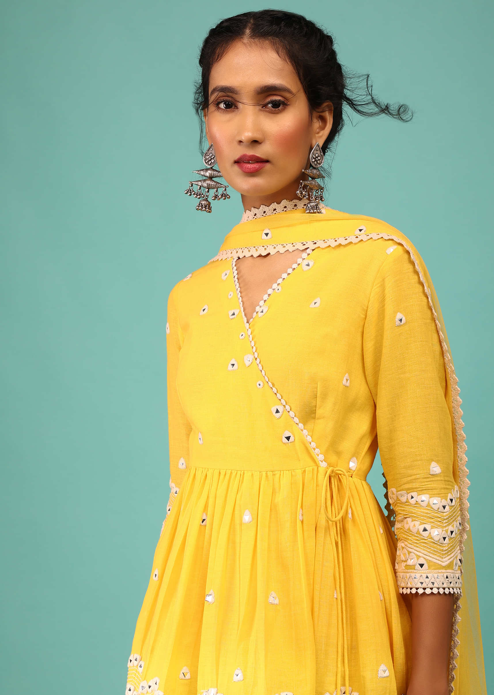 Cyber Yellow Sharara Suit In Cotton With Lucknowi Geometric Embroidery & Angarakha Peplum Top