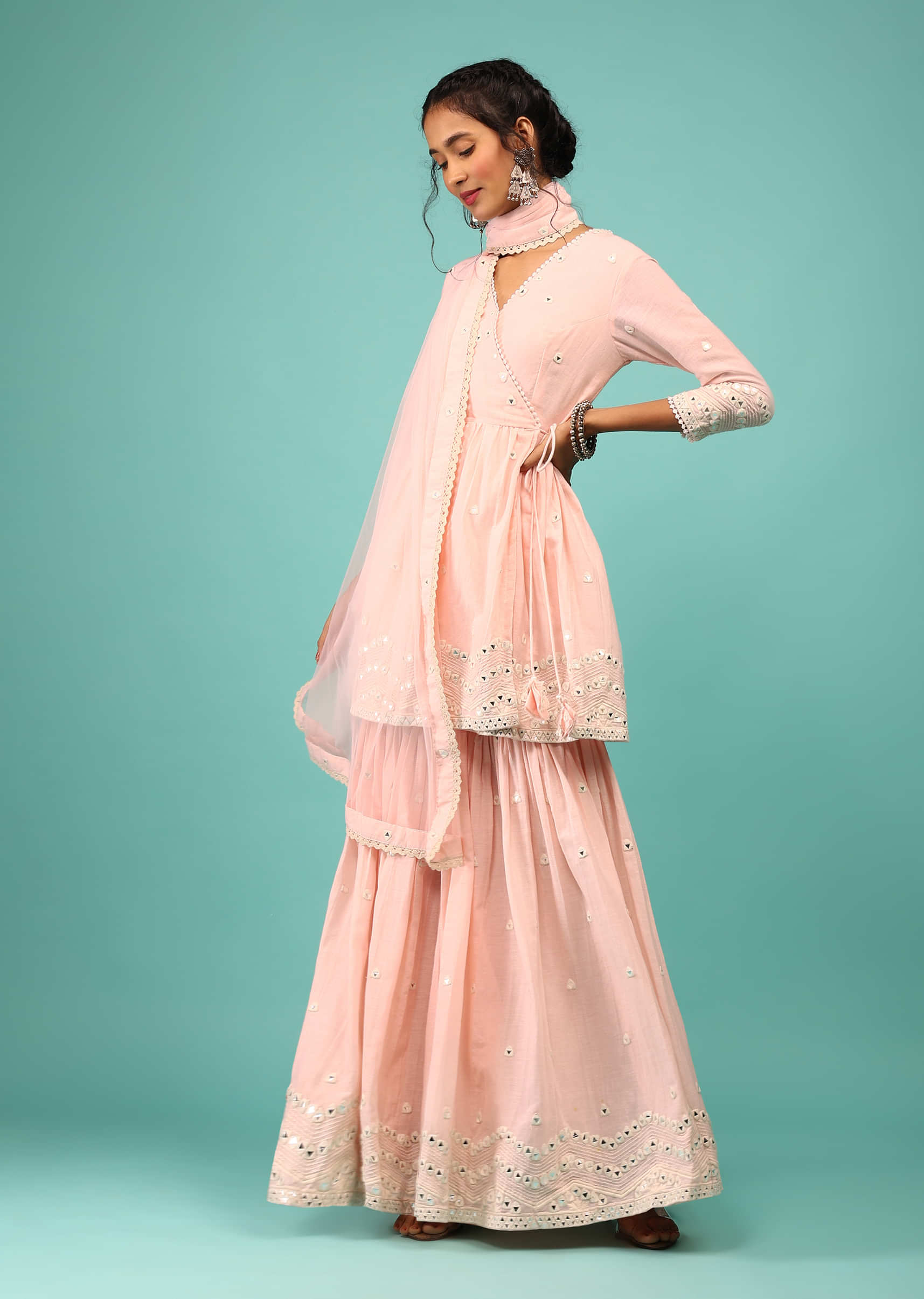 Cloud Pink Sharara Suit In Cotton With Lucknowi Geometric Embroidery & Angarakha Peplum Top