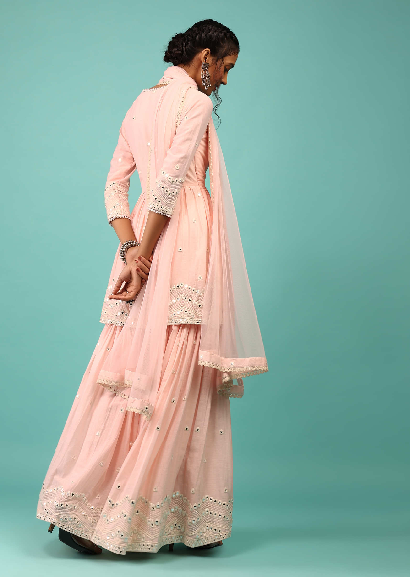 Cotton Candy Pink Sharara Suit Finished With Lucknowi Geometric Embroidered And Peplum Top