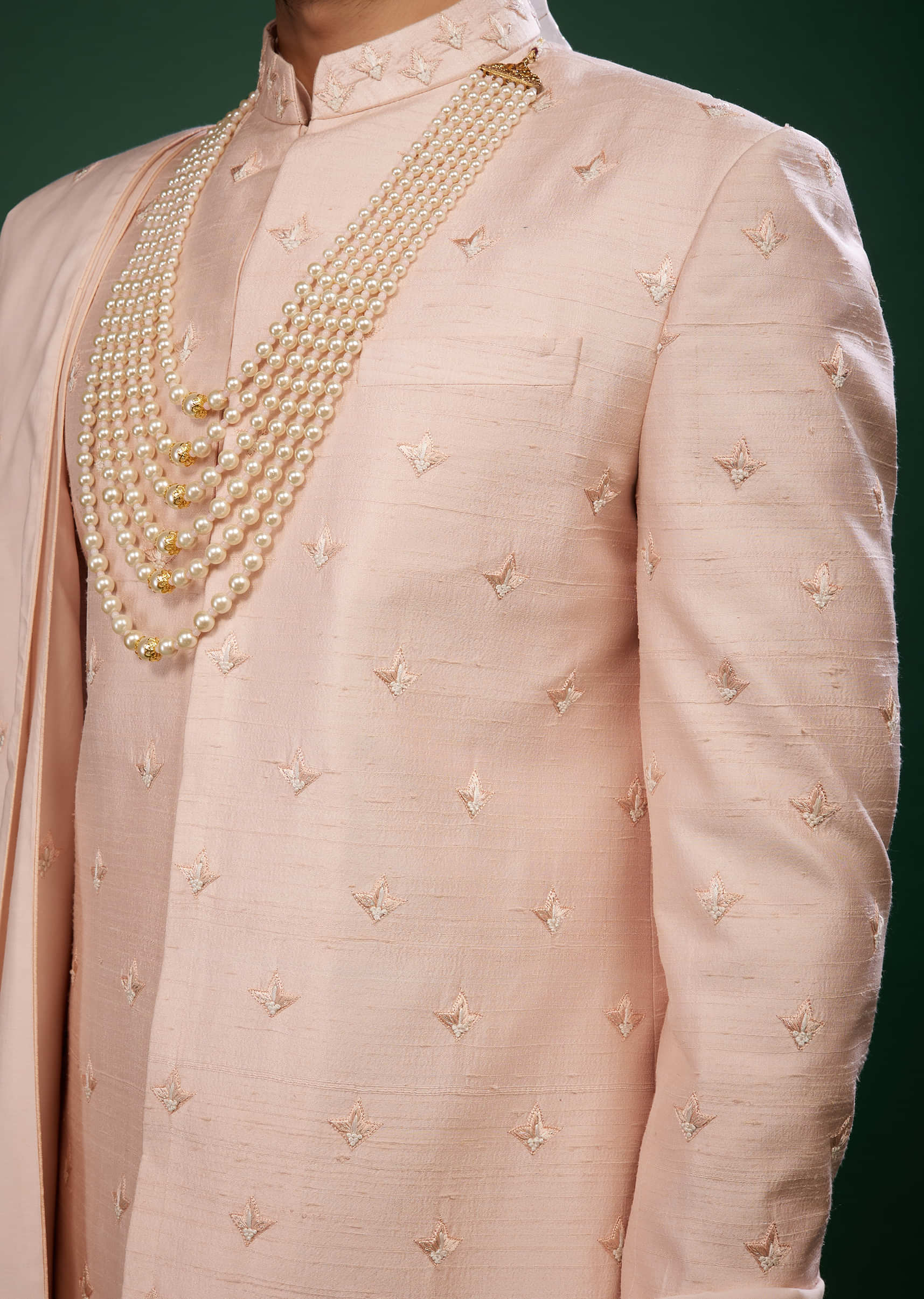Candy Pink Thread Embroidered Sherwani Set In Raw Silk