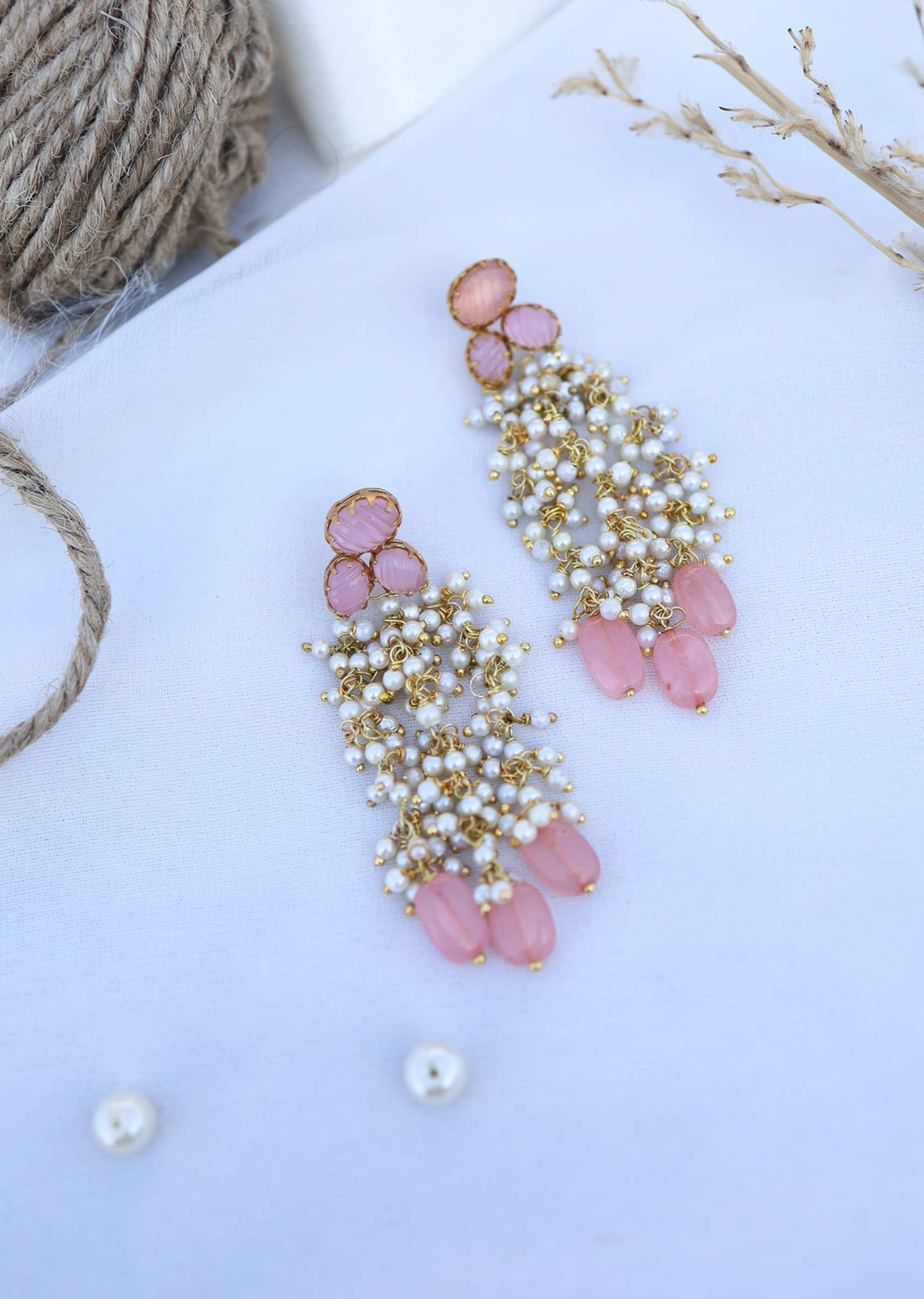 Cluster Pink And White Pearl Drop Layered Earrings