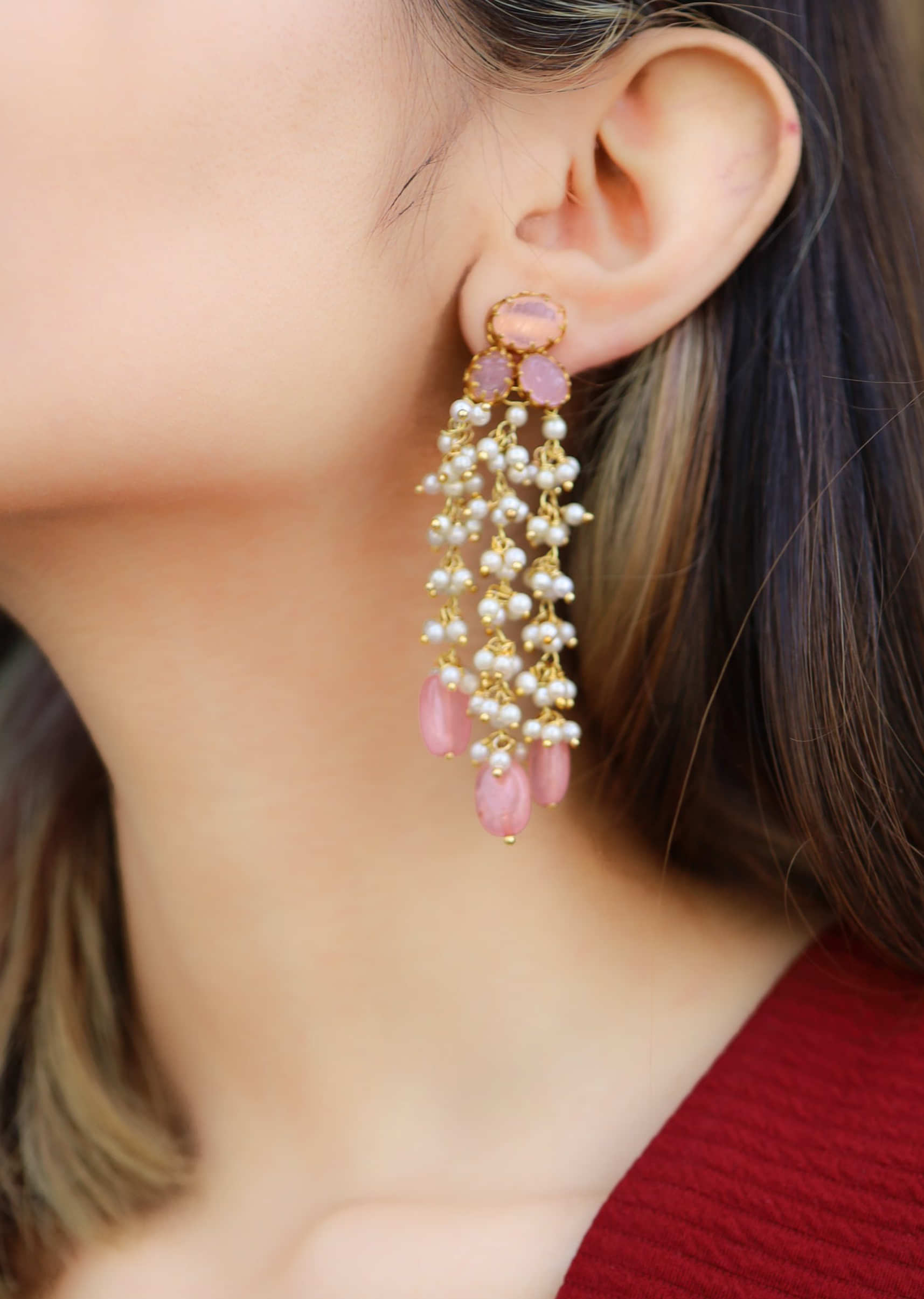Cluster Pink And White Pearl Drop Layered Earrings