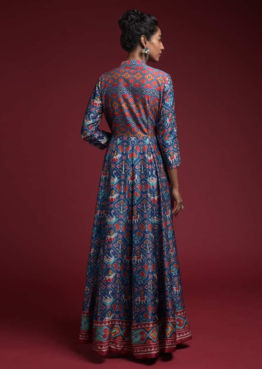 Cobalt Blue Anarkali Dress In Silk With Multi Color Patola Print  