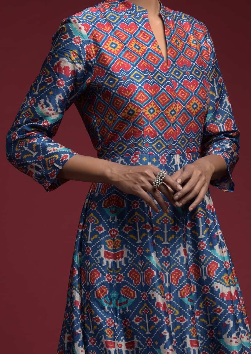 Cobalt Blue Anarkali Dress In Silk With Multi Color Patola Print  