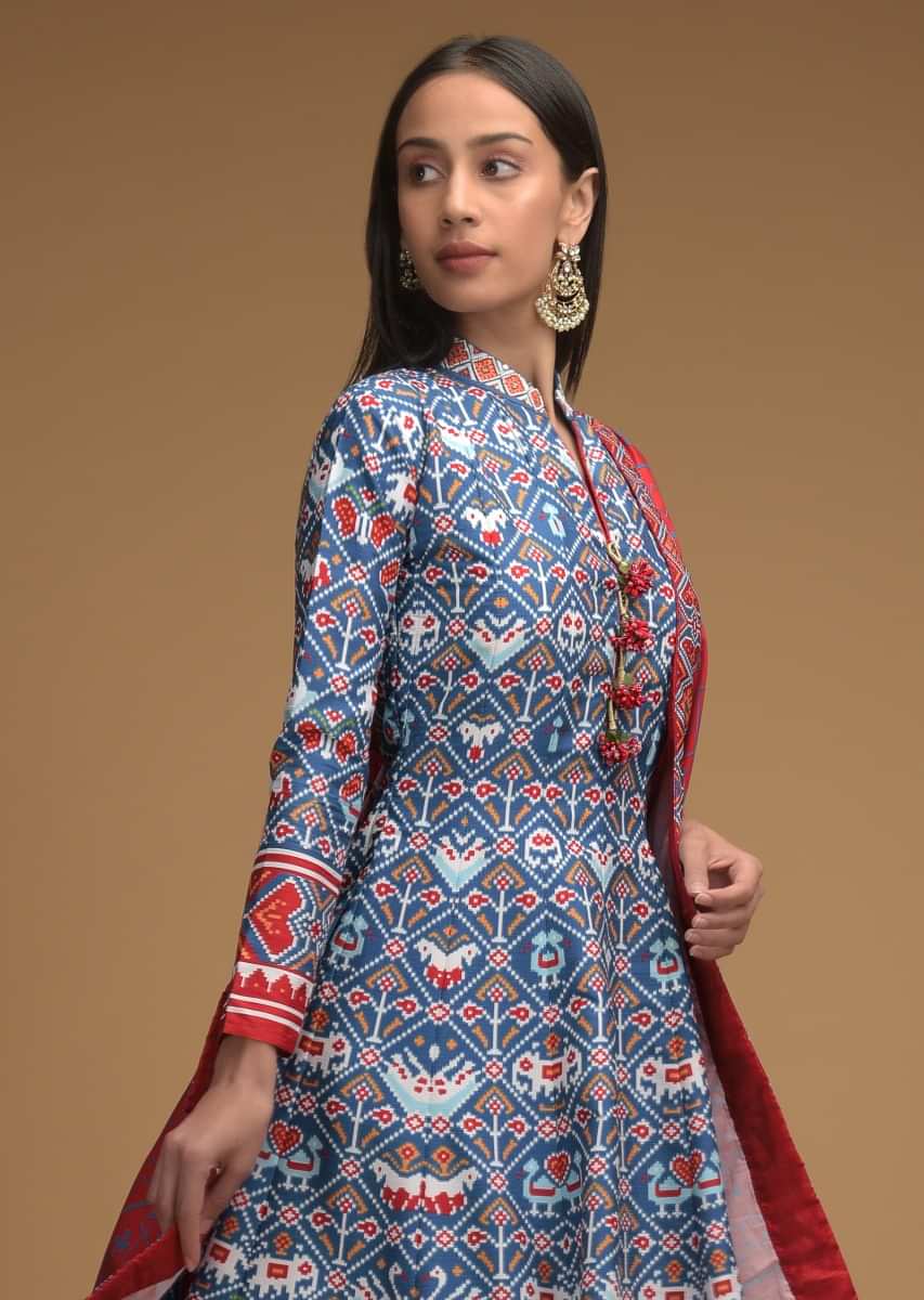 Cobalt Blue Anarkali Suit With Patola Printed Jaal And Contrasting Red Dupatta  