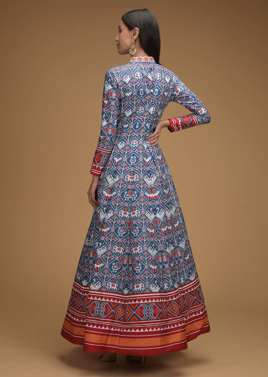 Cobalt Blue Anarkali Suit With Patola Printed Jaal And Contrasting Red Dupatta  