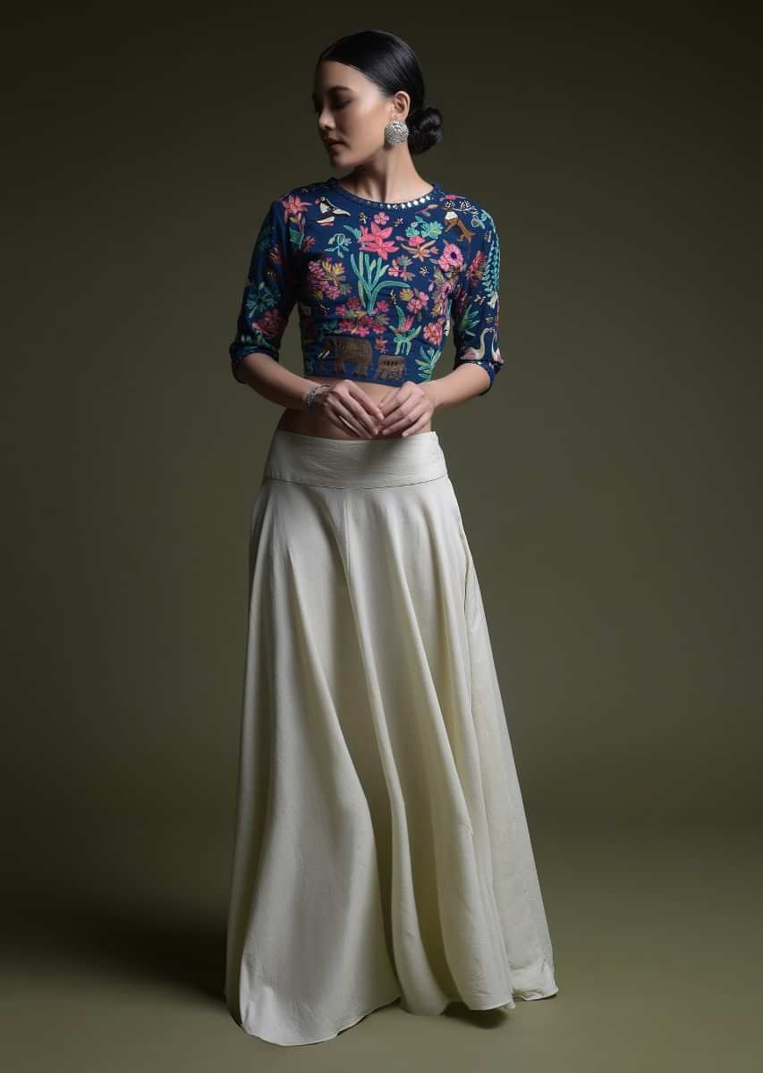 Cobalt Blue Crop Top With Kashmiri Hand Embroidery And Contrasting Off White Skirt 