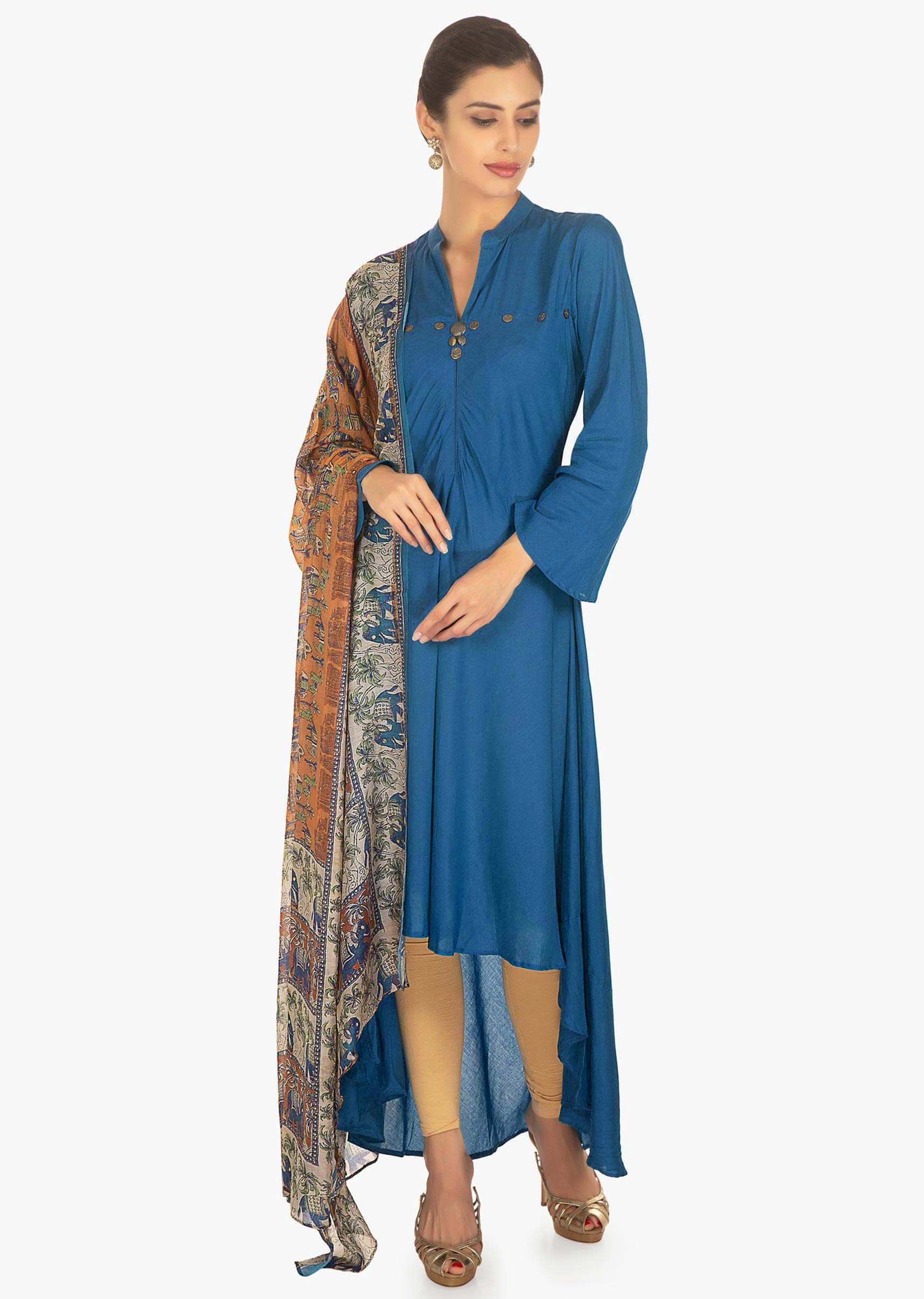 Cobalt blue front short and back long suit with printed dupatta