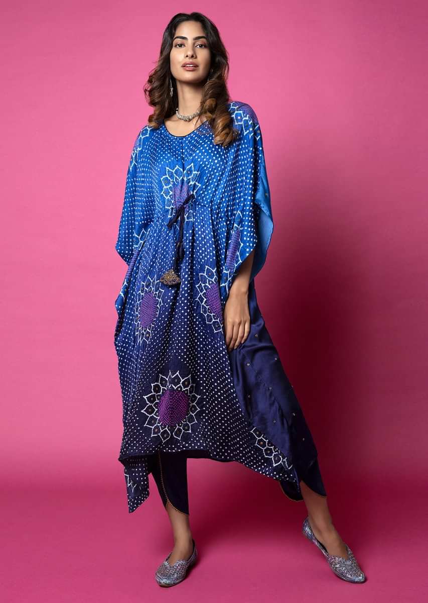 Cobalt Blue Kaftan And Tulip Pants Set With Bandhani And Hand Embroidery  