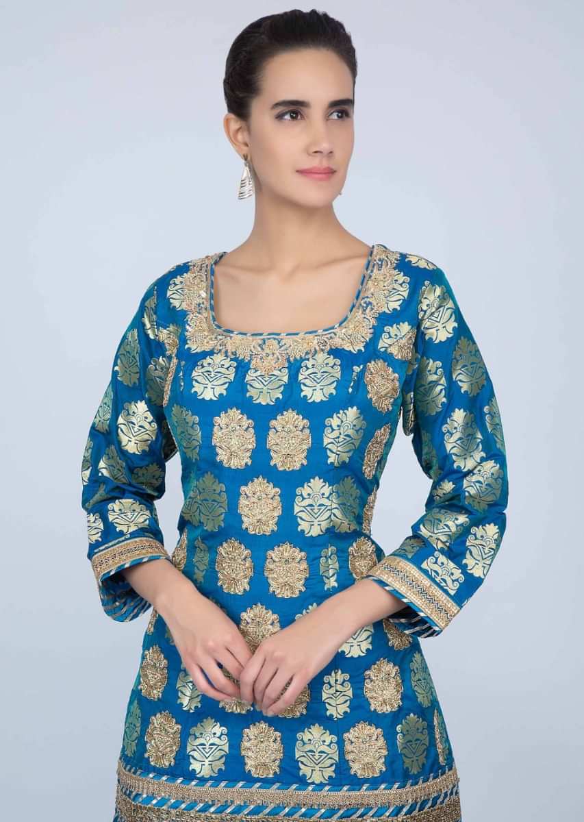 Cobalt blue sharara suit set with golden embroidery  only on kalki