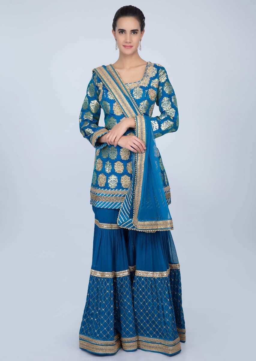 Cobalt blue sharara suit set with golden embroidery  only on kalki