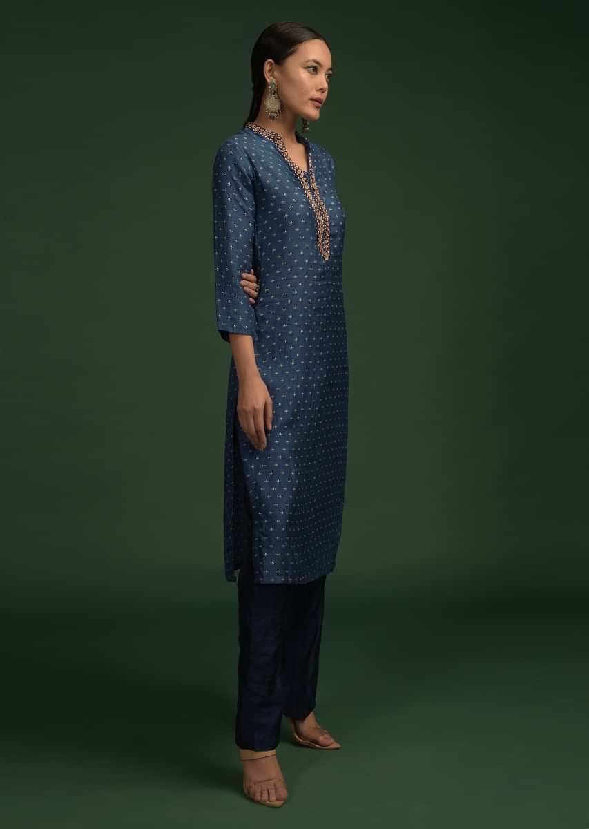 Cobalt Blue Straight Cut Kurti In Cotton With Printed Floral Buttis And Button Embroidery On The Placket 
