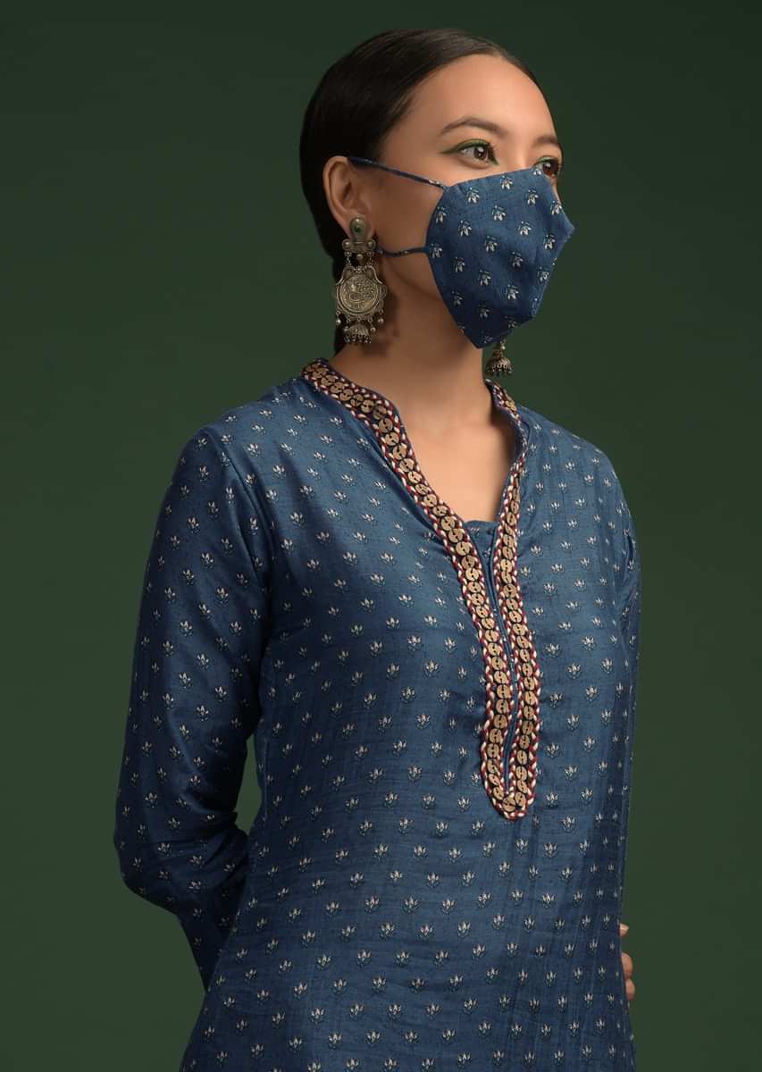 Cobalt Blue Straight Cut Kurti In Cotton With Printed Floral Buttis And Button Embroidery On The Placket 