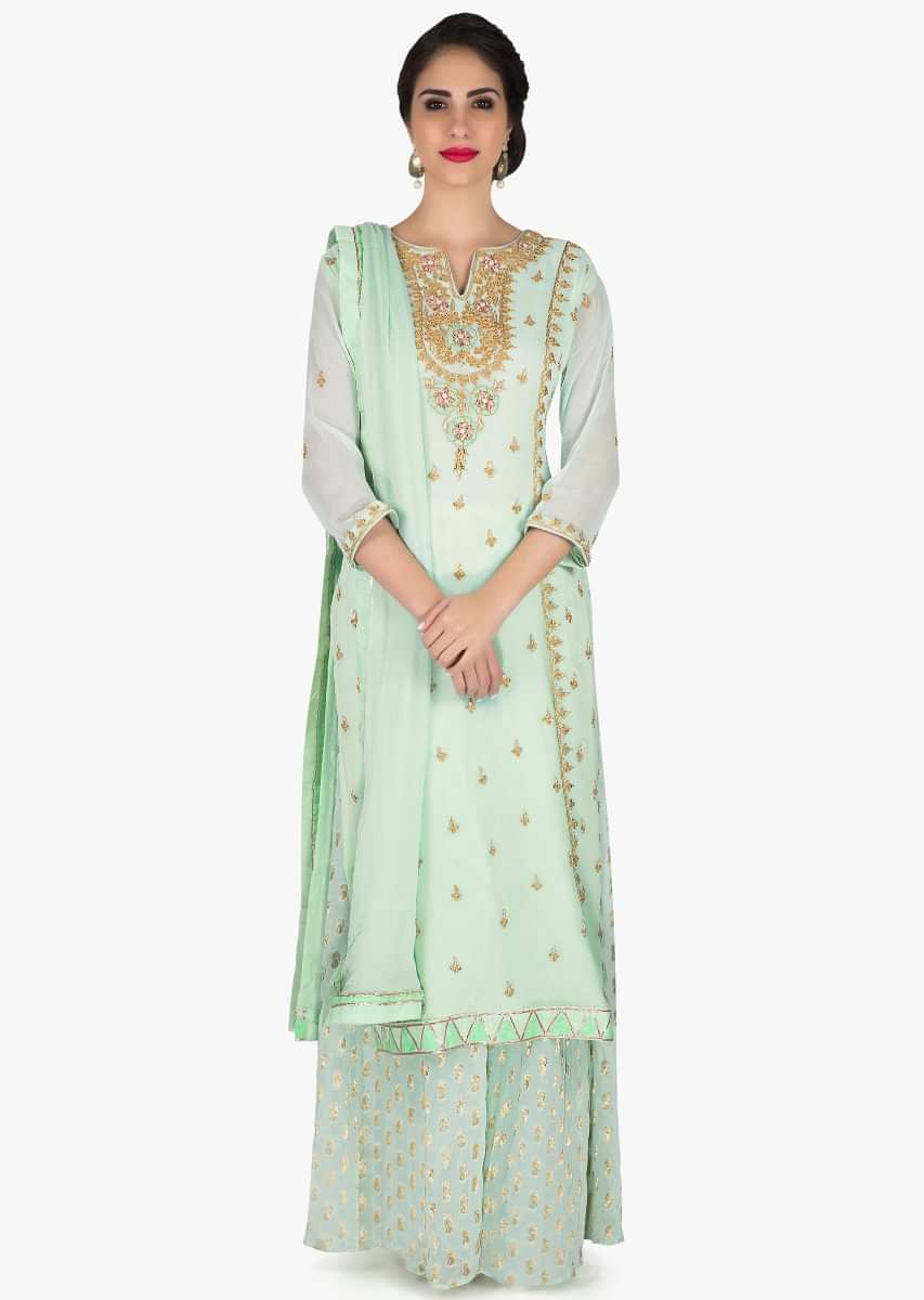 Sea Green Palazzo Suit In Georgette With Embroidered Neckline And Butti All Over Online - Kalki Fashion