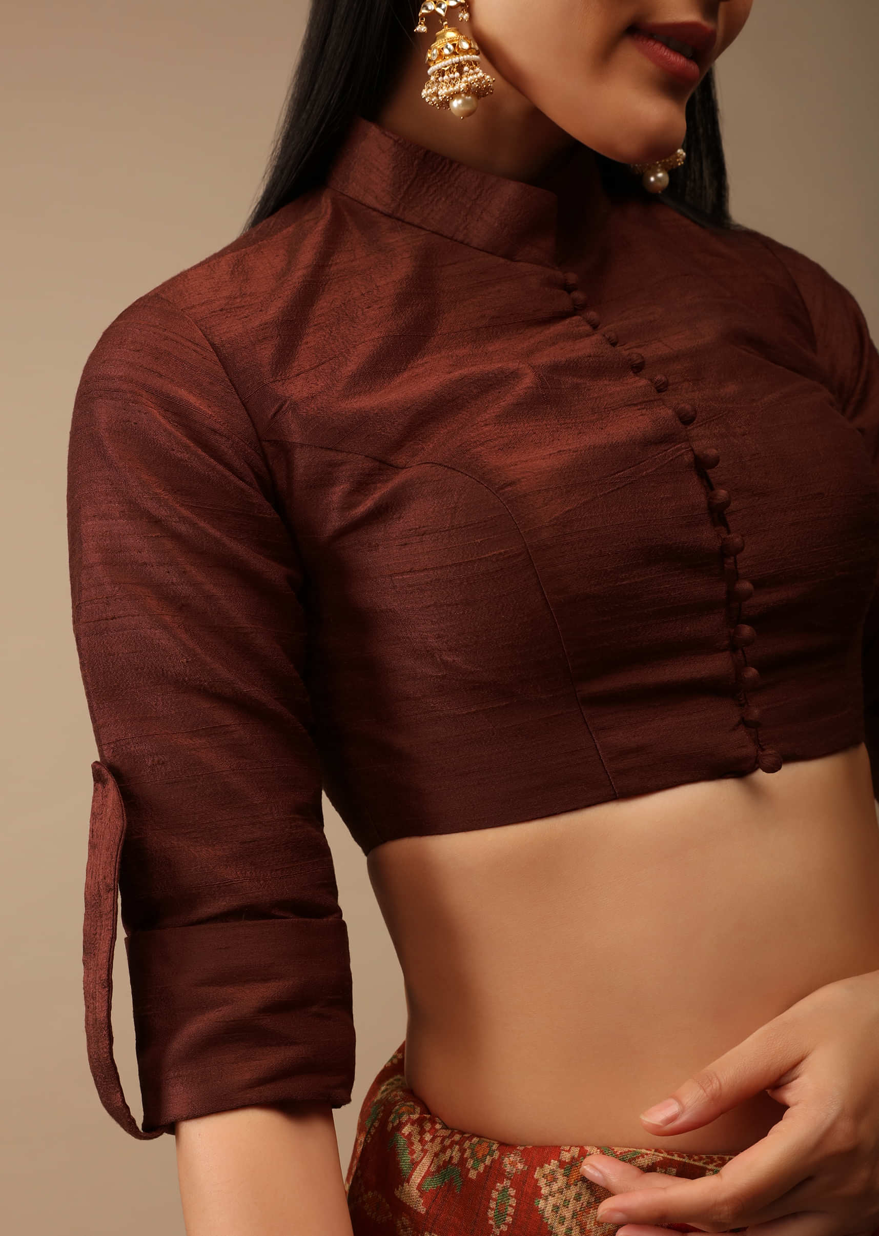 Coffee Brown Blouse In Raw Silk With Mandarin Collar, Front Hook Closure And Three Quarter Folded Sleeves