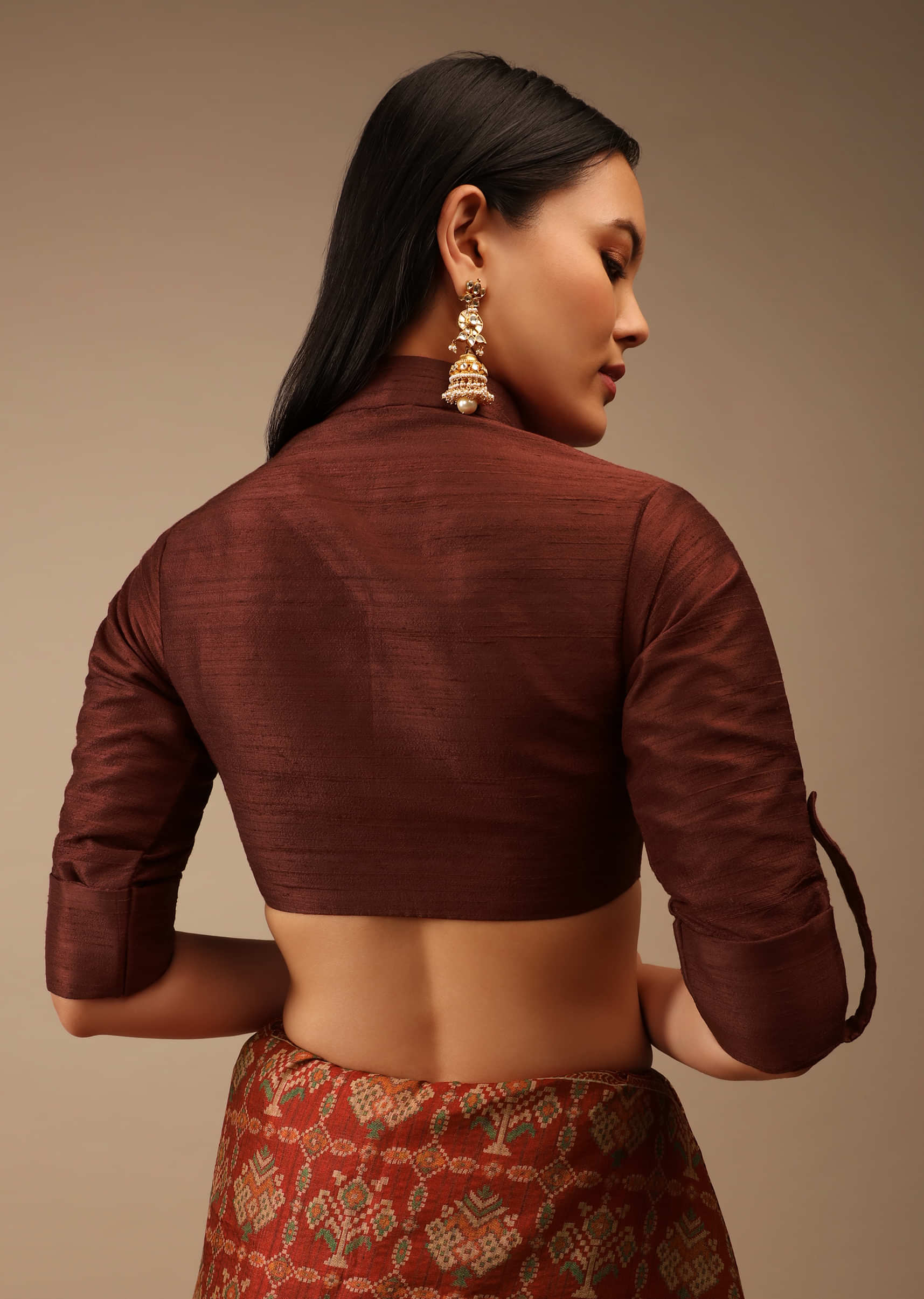 Coffee Brown Blouse In Raw Silk With Mandarin Collar, Front Hook Closure And Three Quarter Folded Sleeves