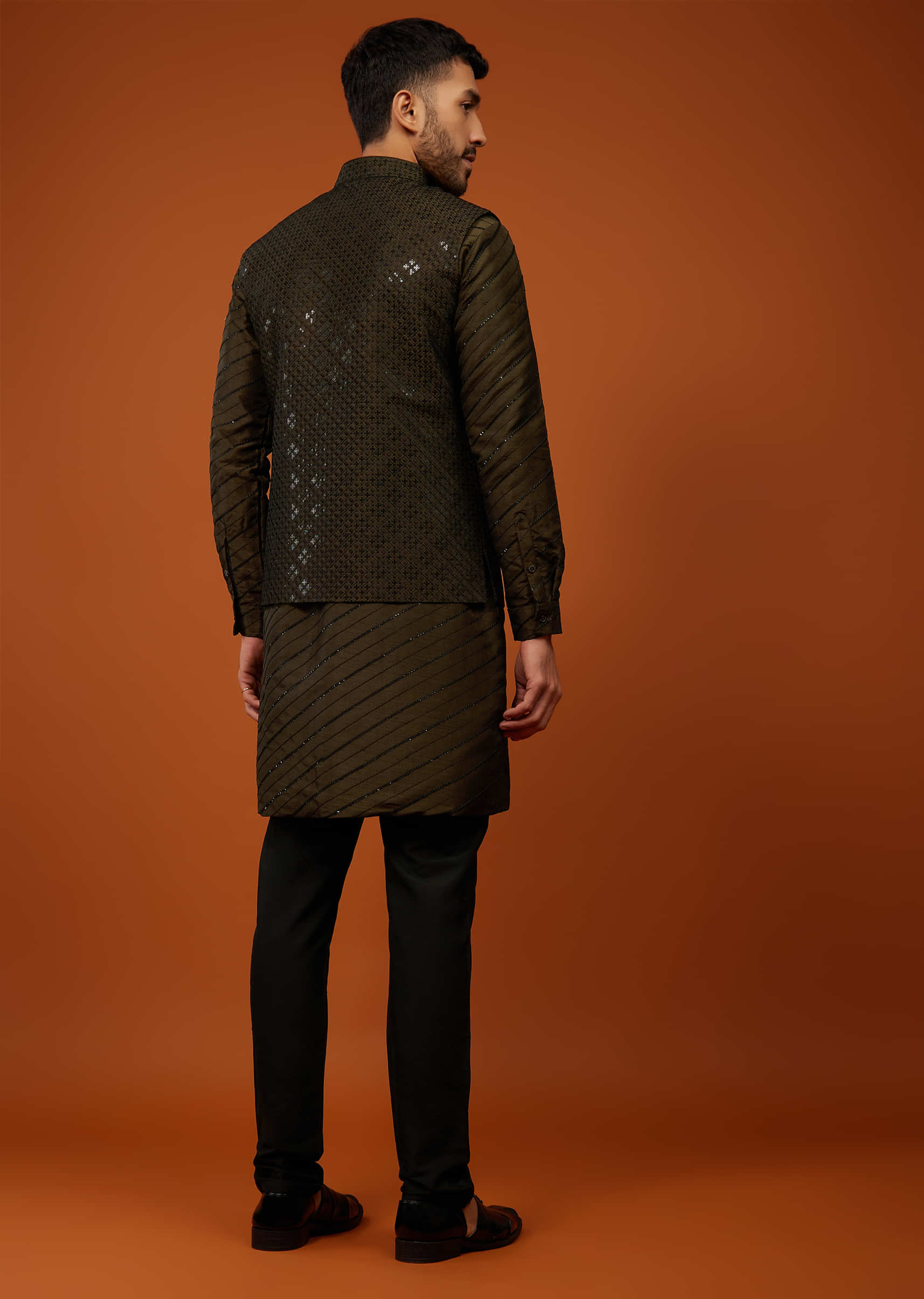 Dark Brown Embroidered Bandi Jacket Set In Cotton Silk